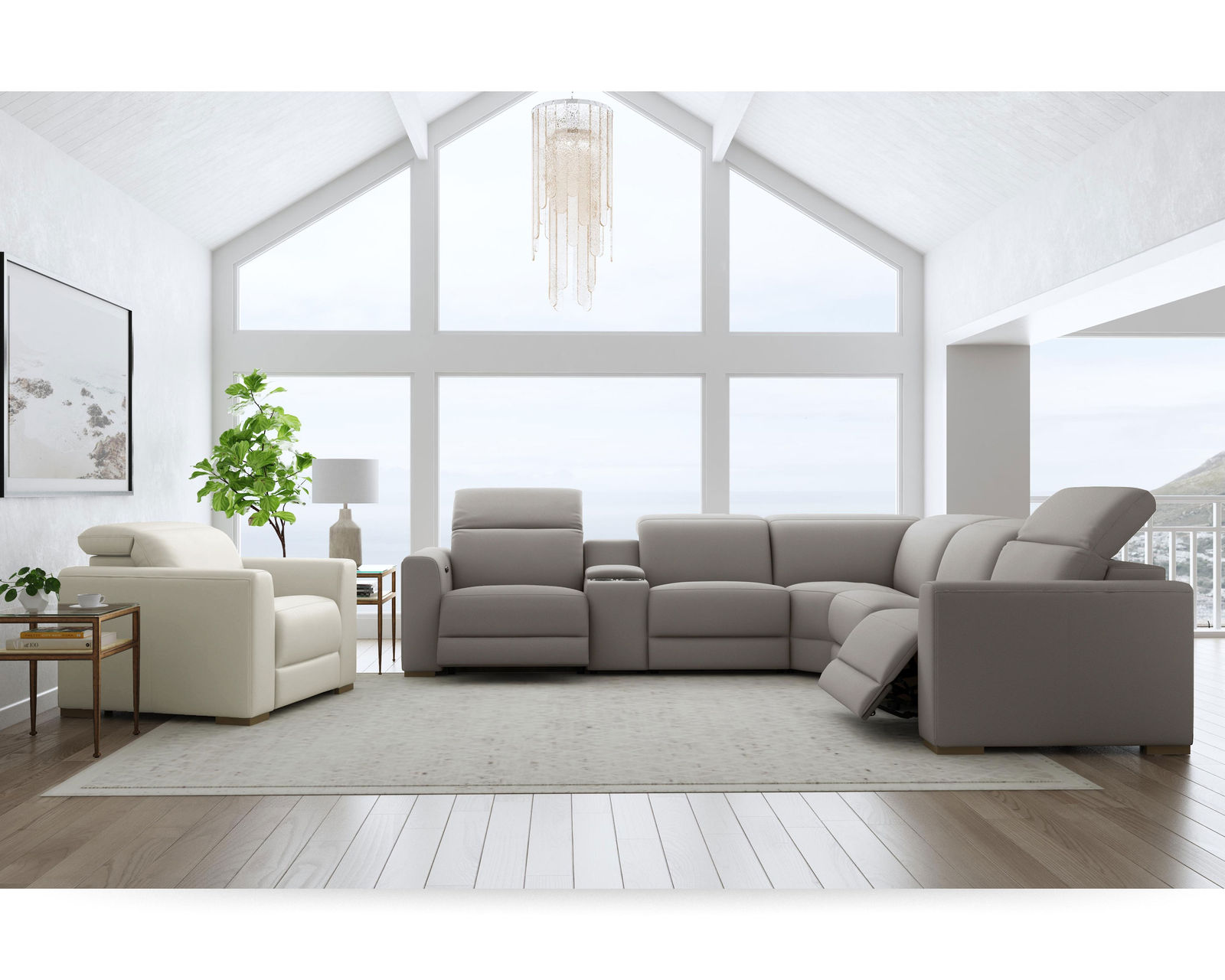 Aurora Leather Power Headrest Power Reclining Sectional (+2 colors) 749-01 - In stock - Layout B: Six Piece Reclining Sectional 134" x 121"