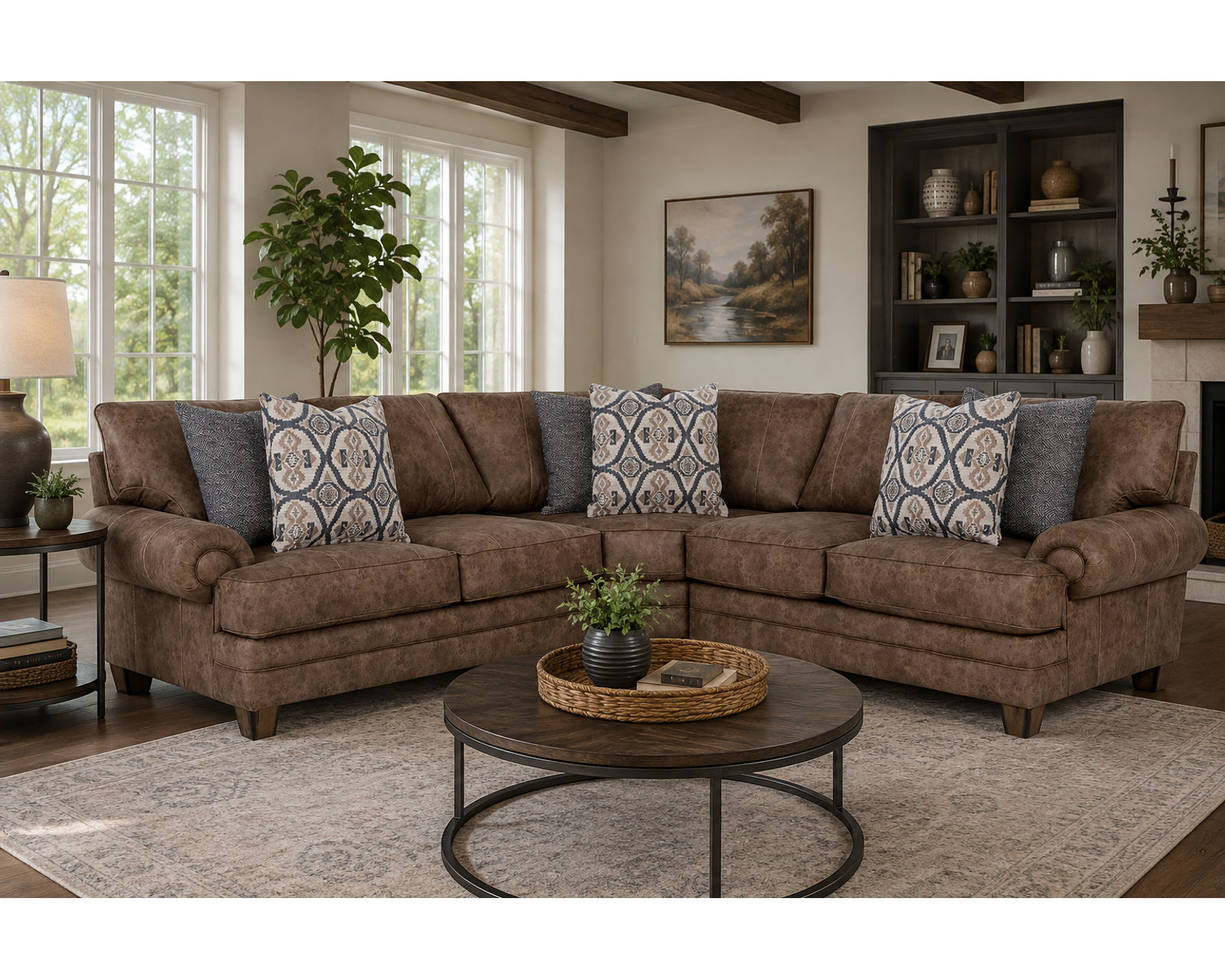 Sicily 957 Modular Sectional (The Rich Look of Worn Leather. The Comfort of Fabric) - Shown in Leather Like Fabric Hazelnut