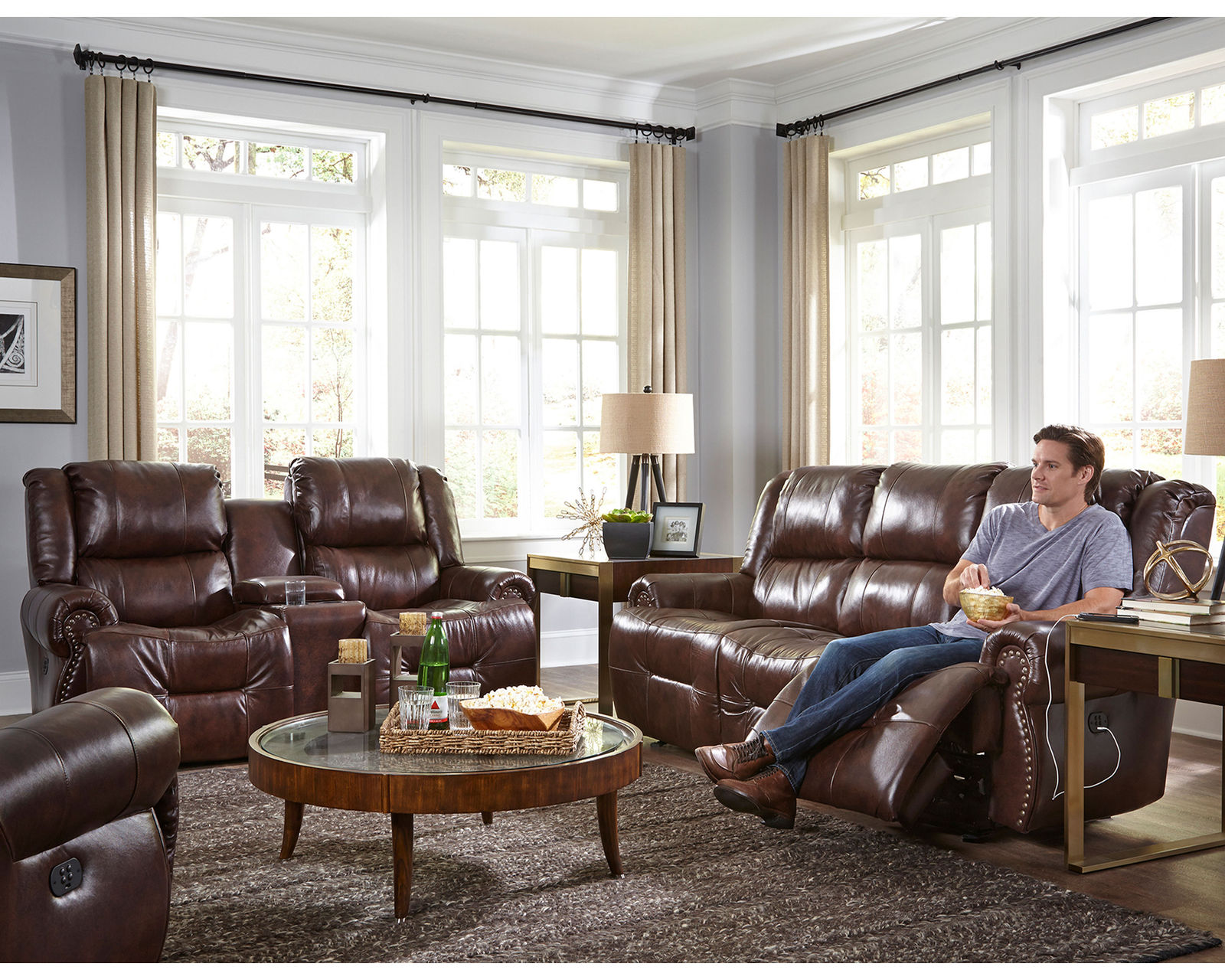 Genet Leather Double Reclining Sofa w/ Dropdown Table (+30 leathers) 85" - Genet Leather Double Reclining Sofa w/ Dropdown Table