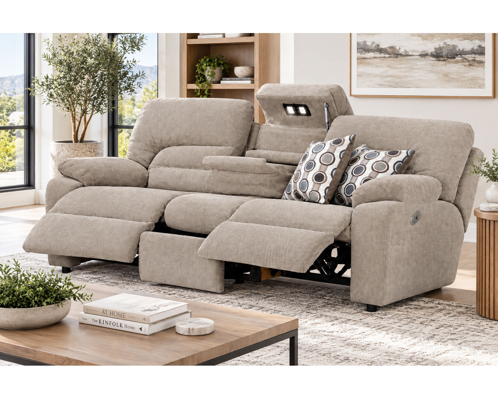 Tribute 90" Power Headrest Power Reclining Sofa Stone (center drop-down table - built-in reading lights, stainless-steel cupholders, USB charging and wireless charging - drop down table) - Shown in a Long Wearing Durable Polyester Fabric Stone
