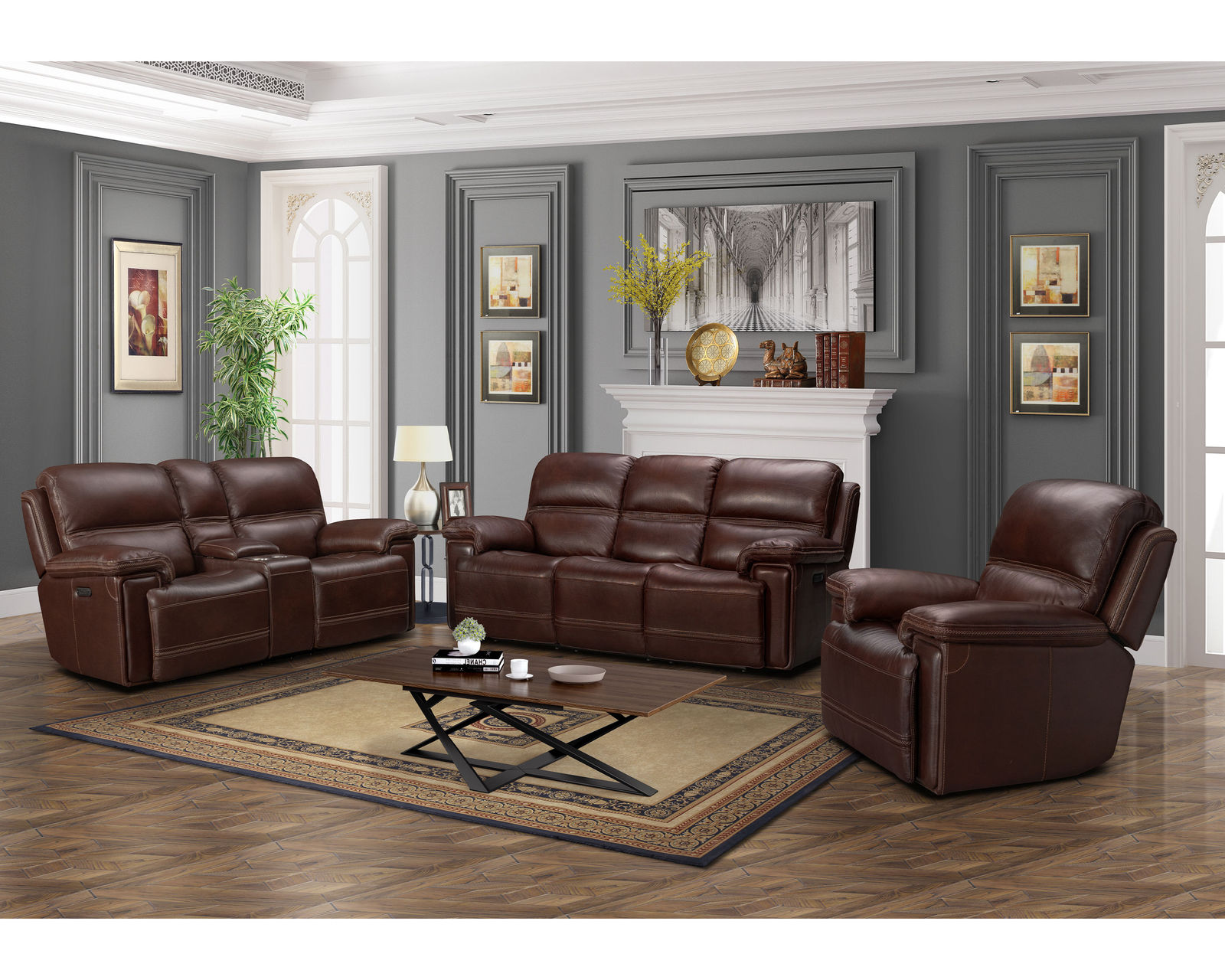 Sedrick 90" Leather Power Headrest Power Reclining Sofa (Walnut) In stock - Includes Power Headrest - Power Recline
