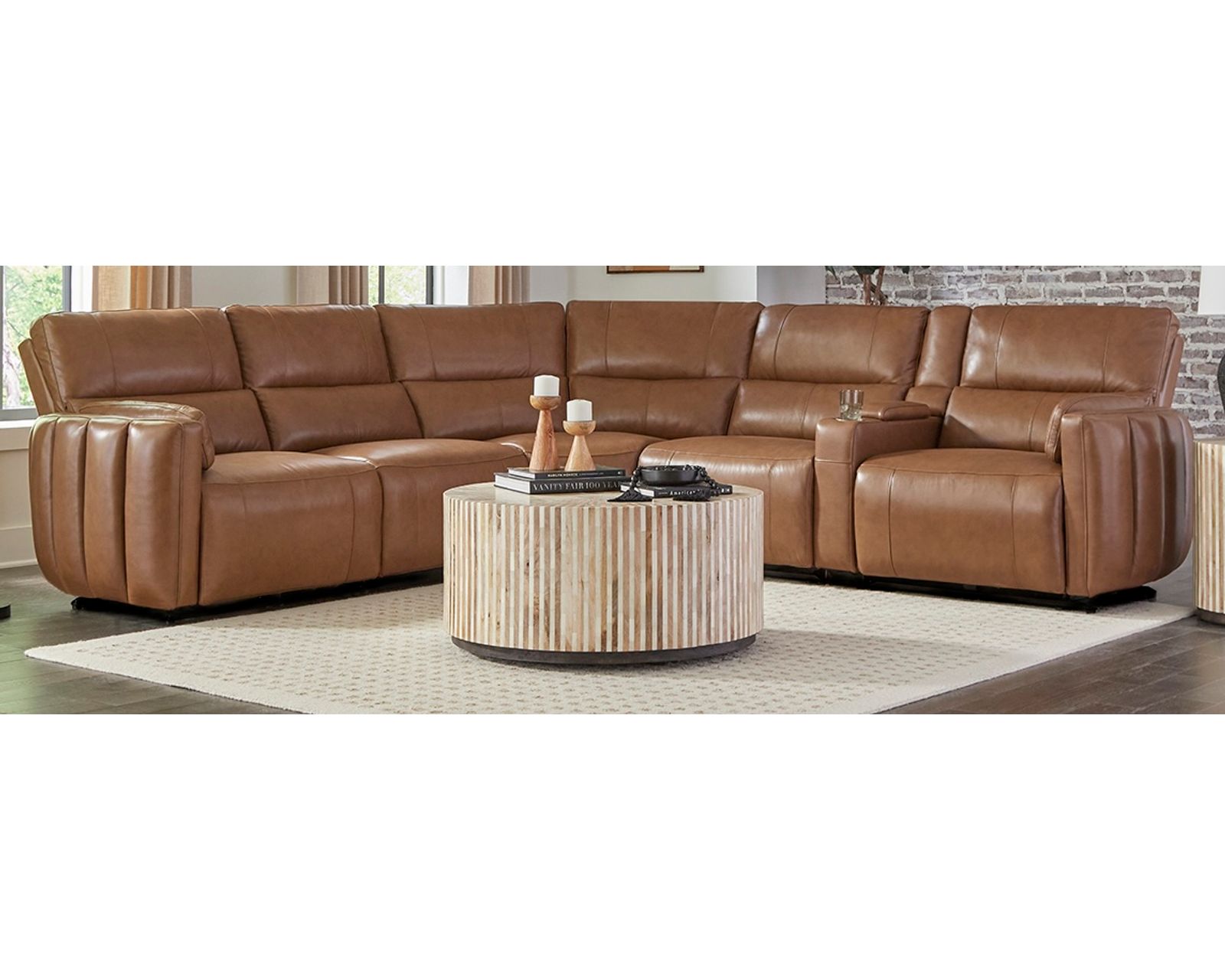 Modesto Power Headrest Power Reclining Leather Sectional (In Stock - Fast Shipping) - Layout A: Six Piece Reclining Sectional (2 Recliners)  125" x 132"