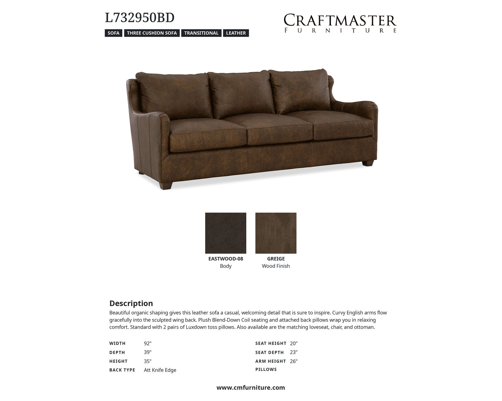 Donovan L7329 Leather Sofa (92") +40 leathers - +40 premium top-grain leathers