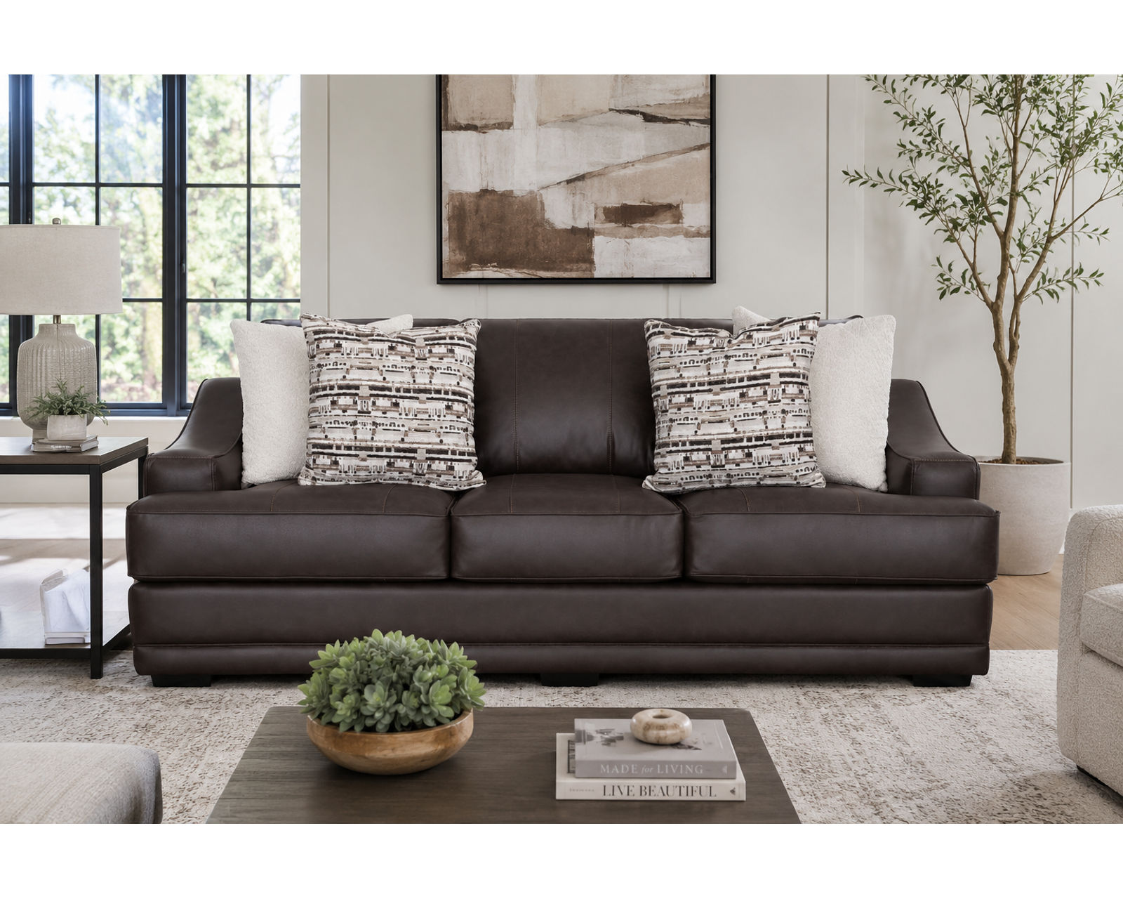 Prescott 101" Extra-Wide Sofa (Big on Space. Deep on Comfort. Designed to Make a Statement) - Shown in Leather Like Fabric Color Coffee