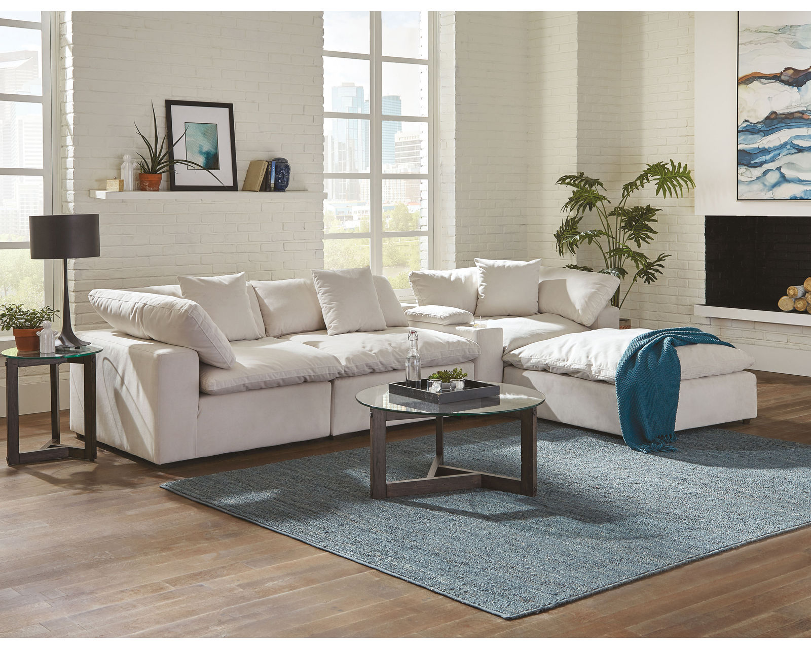 Posh Modular Sectional ( high performance fabric) includes pillows - 2 colors - Sectional Layout: D  - Porcelain Fabric