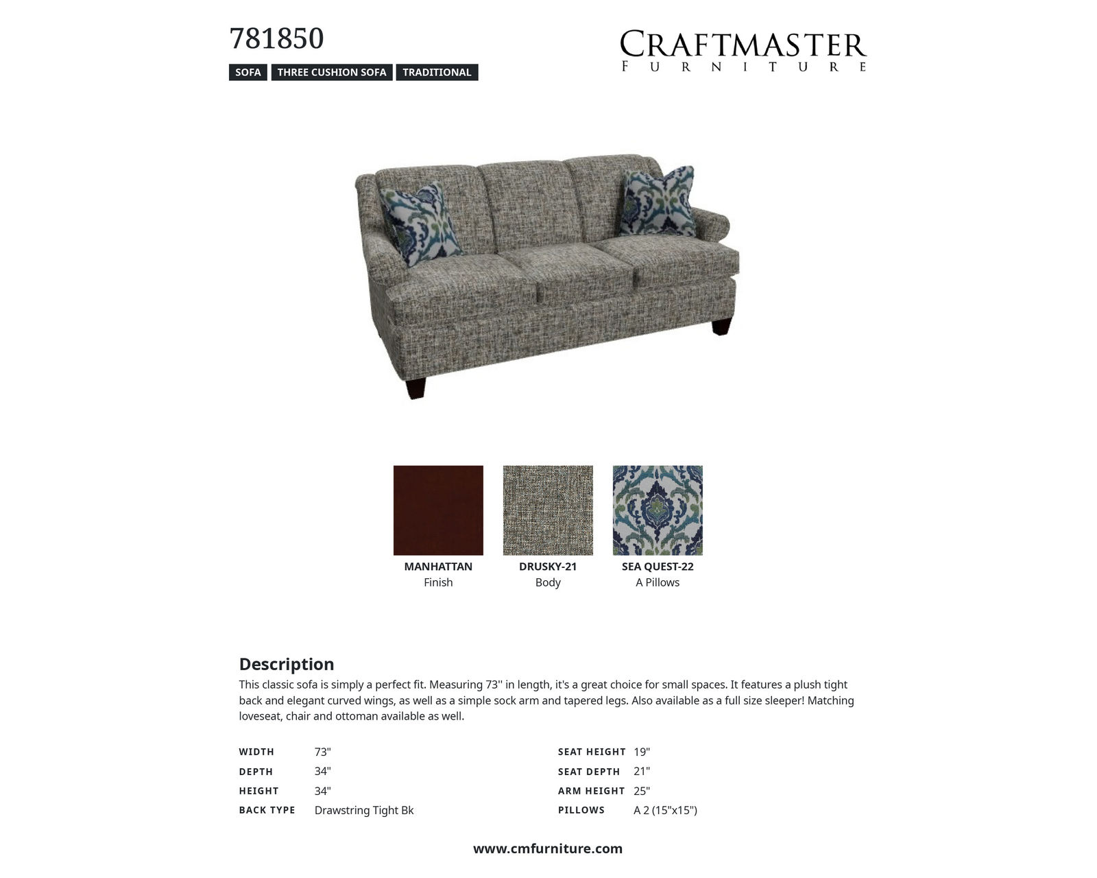 Santiago 7818 Sofa - IN STOCK - Specifications