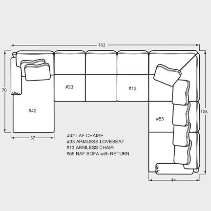 Layout I: Four Piece Sectional 70" x 162" x 106"