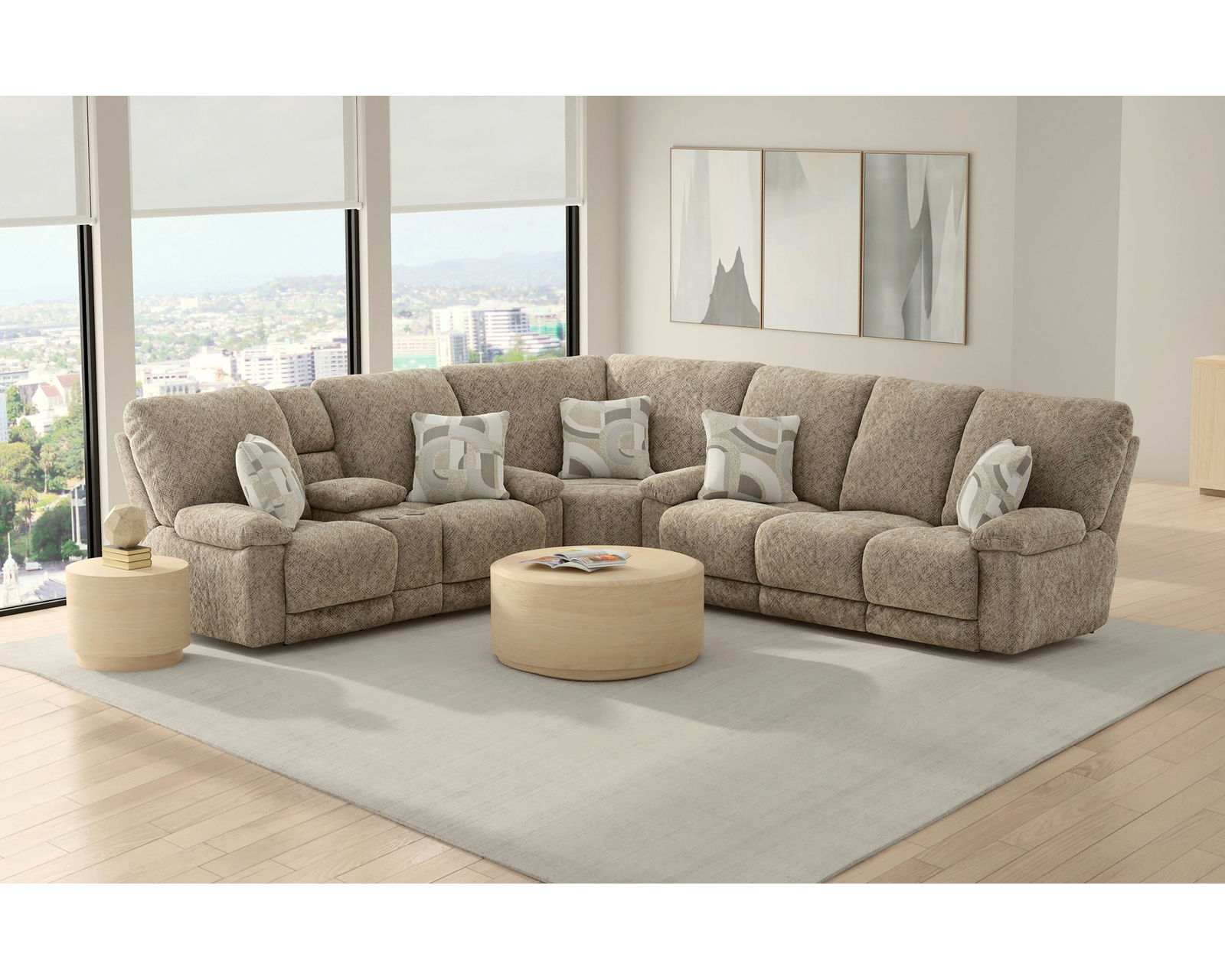 Beacon Three Piece Lay Flat Triple Reclining Sectional with Drop Down Table - 115" x 124" (includes pillows) - From Movie Night to Every Night—Comfort Lives Here.