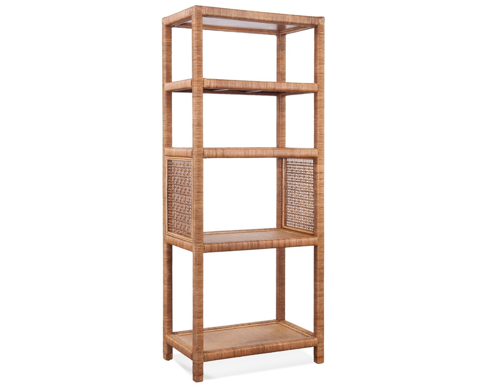 Pine Isle 76" Rattan Sofa Tan (+28 finishes +69 fabrics) - Pine Isle Rattan Etagere Bookcase