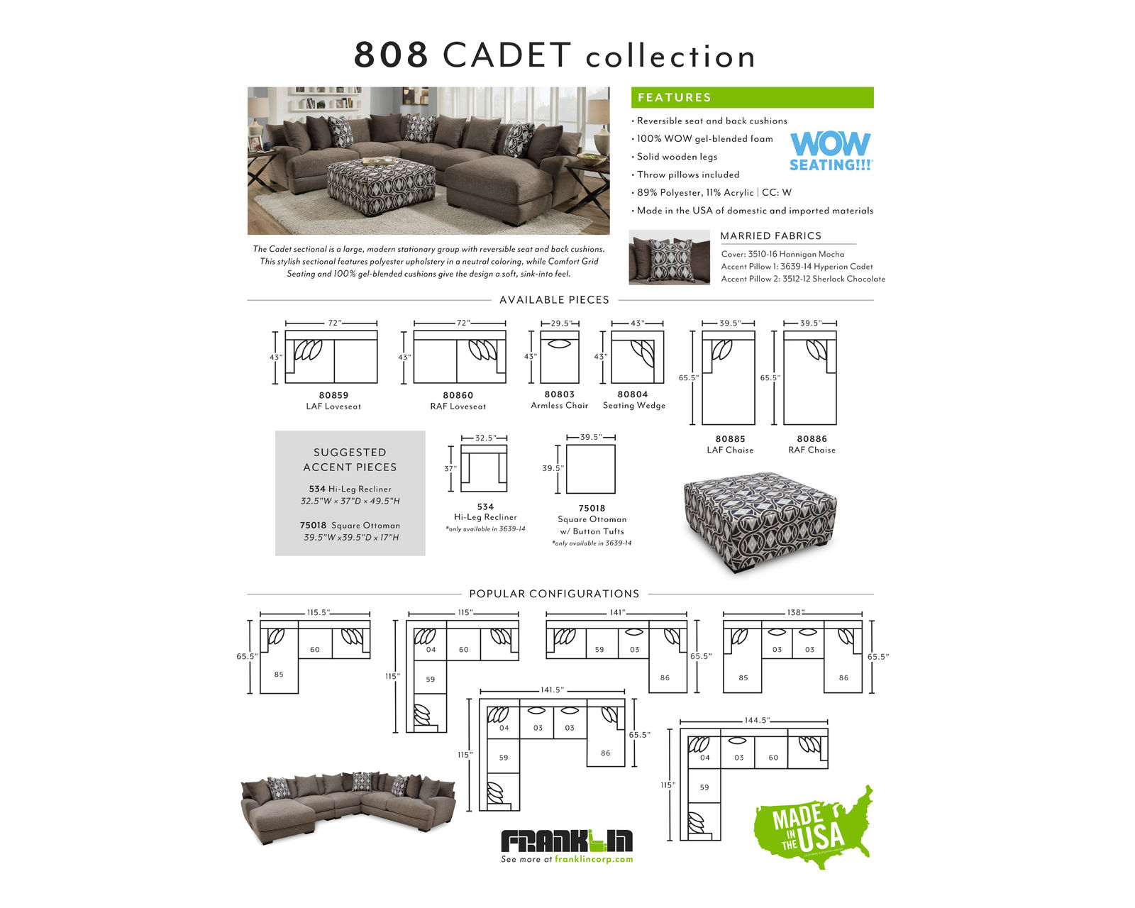 Cadet 808 Chaise Stationary Sectional (Pillows Included)