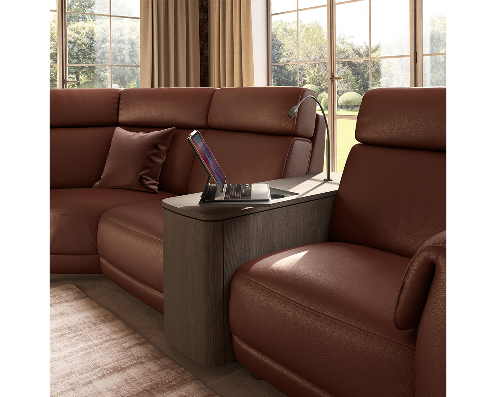 Nuvia C328 Triple Power Reclining Sectional (+55 leathers) - The multifunctional console, with a full wooden finish