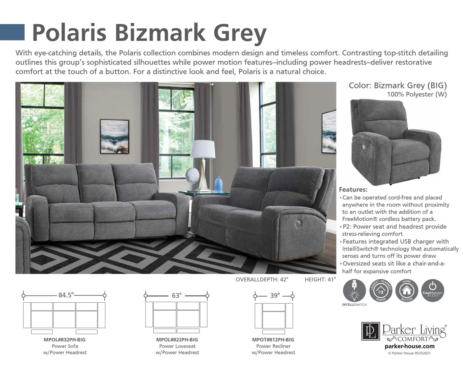 Polaris 84" Power Headrest Power Reclining Sofa Grey (In stock - Fast shipping)
