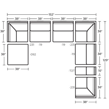 Layout F: Eight Piece Sectional 76" x 167" x 114"