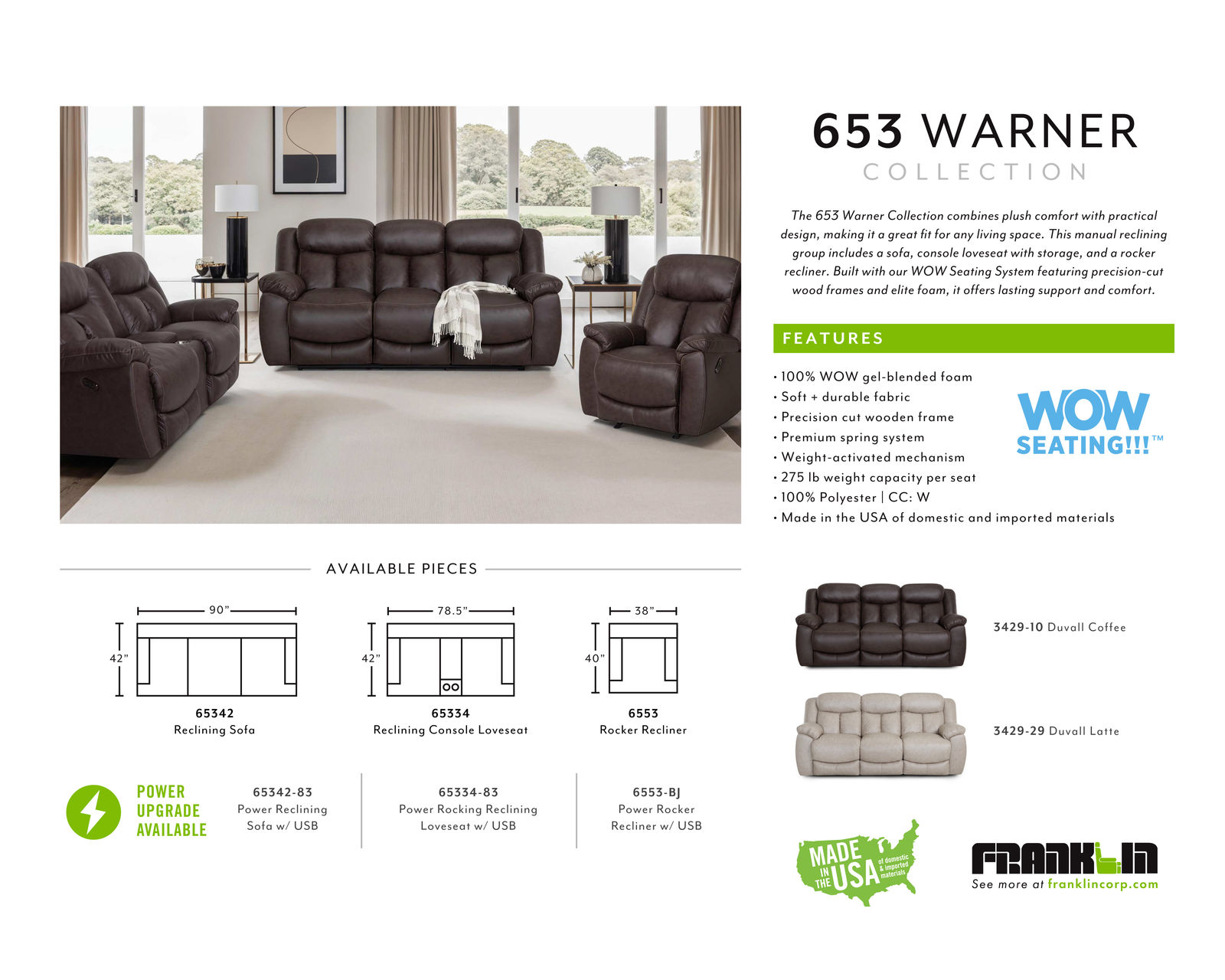 Warner 653 Reclining Sofa Coffee (90")
