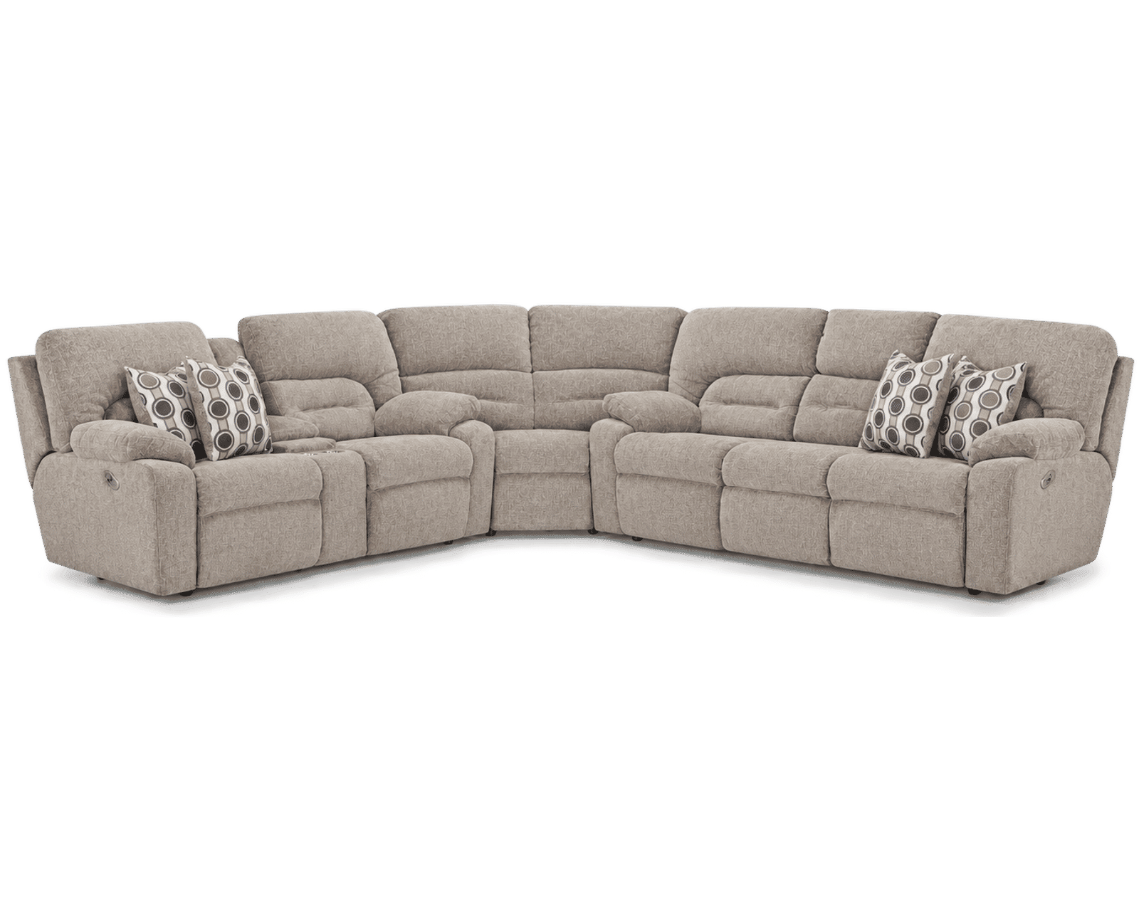 Tribute 797 Three-Piece Dual Power Reclining Sectional (center drop-down table - built-in reading lights, stainless-steel cupholders, USB charging and wireless charging - drop down table) - Shown in a Durable Long Wearing Polyester Fabric Stone