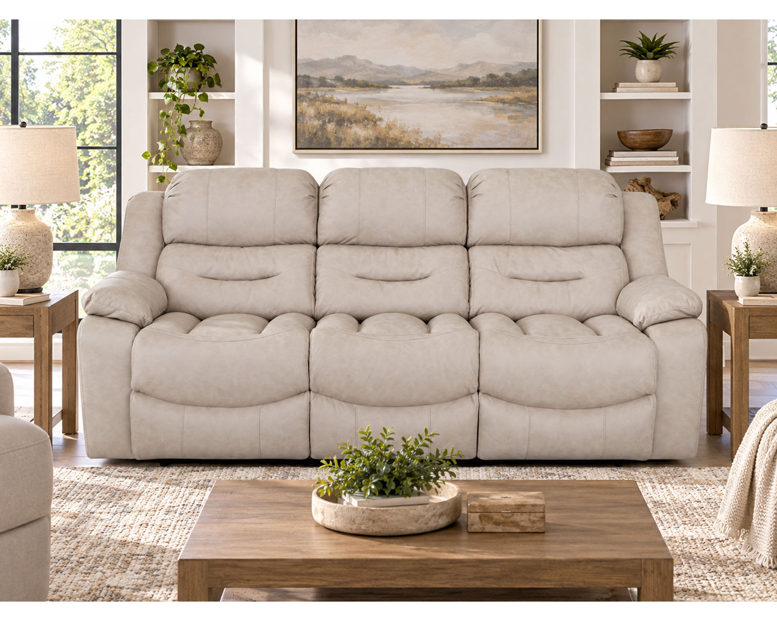 Decker 91.5" Reclining Sofa Slate (Best-Selling Comfort. Built for Real Life.) - Shown in A Durable Leather Like Fabric Color Buff