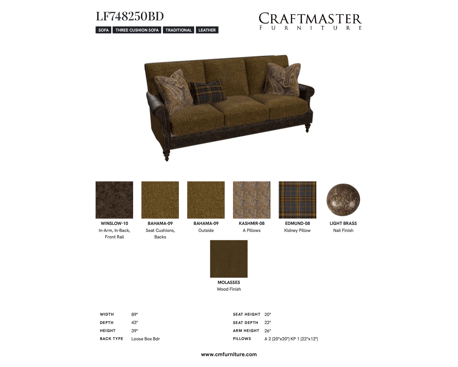 Timberline LF7482 Leather and Fabric Sofa (89") - Specifications