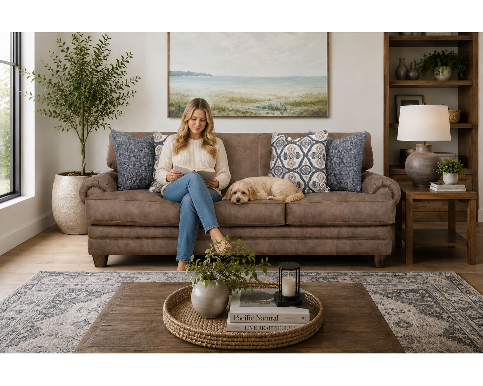 Sicily 101" Wide Sofa (The Look of Worn Leather. The Softness of Fabric) - Includes all Accent Pillows