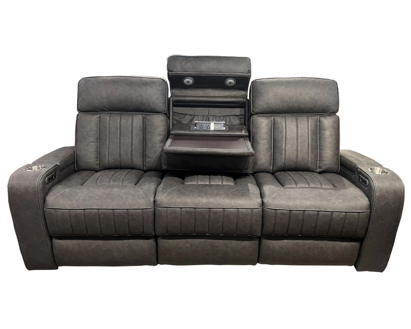 Equinox 85" Power Headrest Power Reclining Sofa w/ Dropdown Table Mercury (In stock - Fast shipping) - Drop down table feaures power, USB charging and lights
