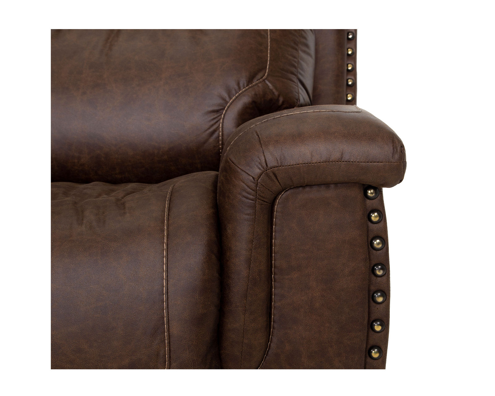 Brixton 648 Reclining Sofa (94") Brown Faux Leather Like Fabric - Brass Nailhead Trim