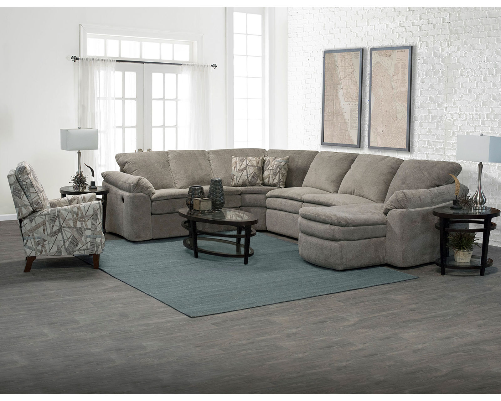 Seneca Falls 7300 Reclining Sectional  (+100 Standard and Performance Fabrics) - Layout G: Five Piece Reclining Sectional 105" x 148" (2 recliners)