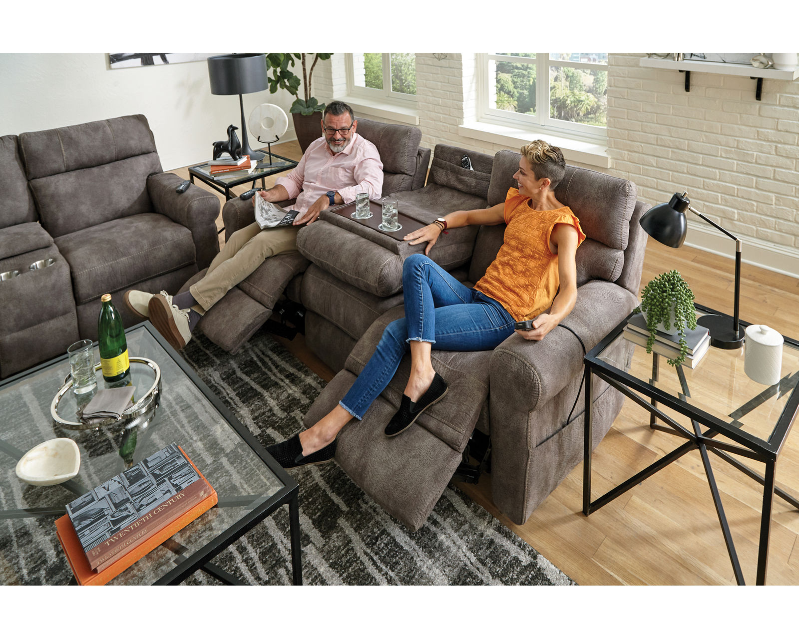 Tranquility 87" Power Reclining Lay Flat Sofa with Power Headrests, Deep Tissue Massage, Heat & Center Drop-Down Table (includes pillows) - Relax Better. Live Better.