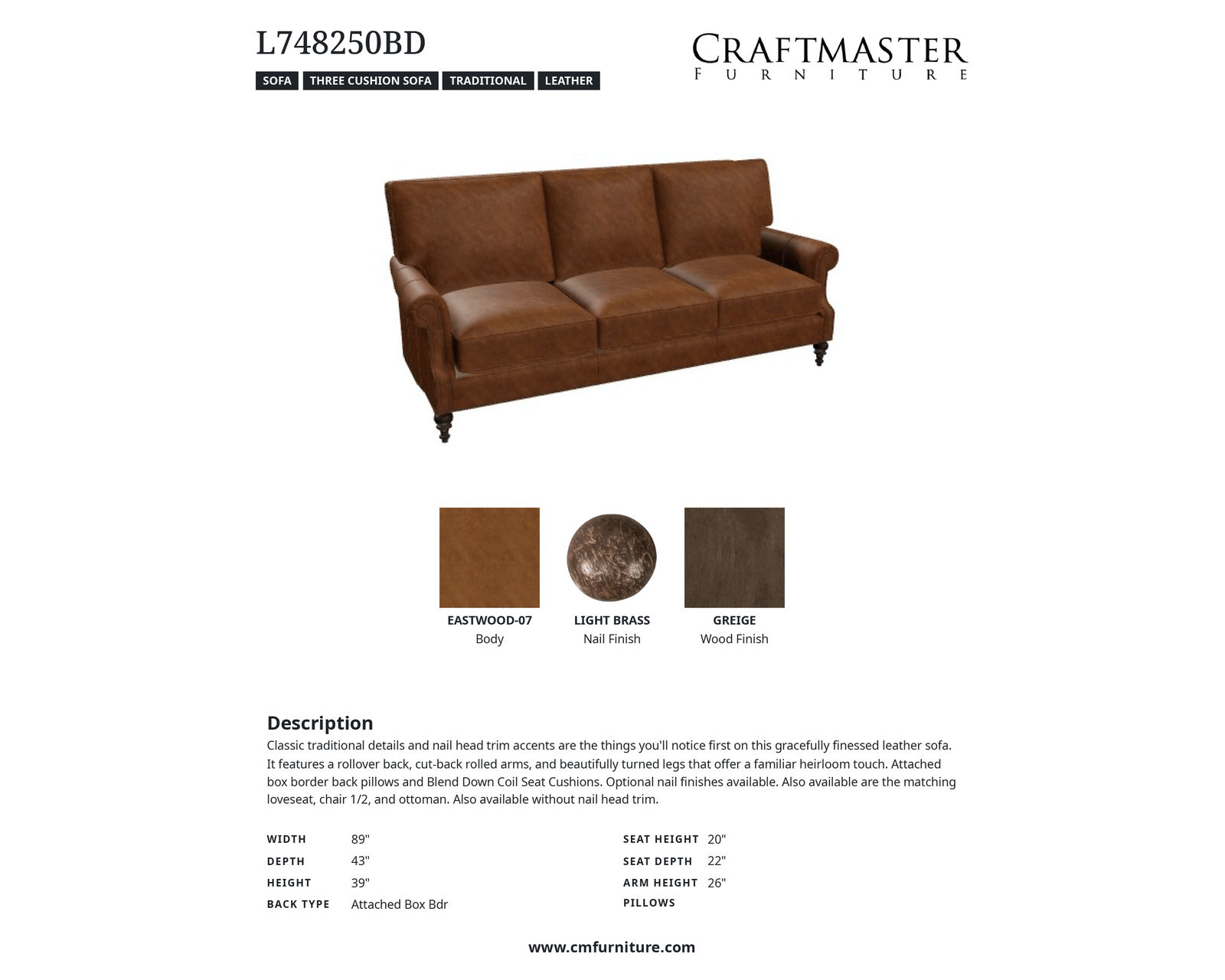 Eastwood L7482 Leather Sofa (89") +40 leathers - Specifications