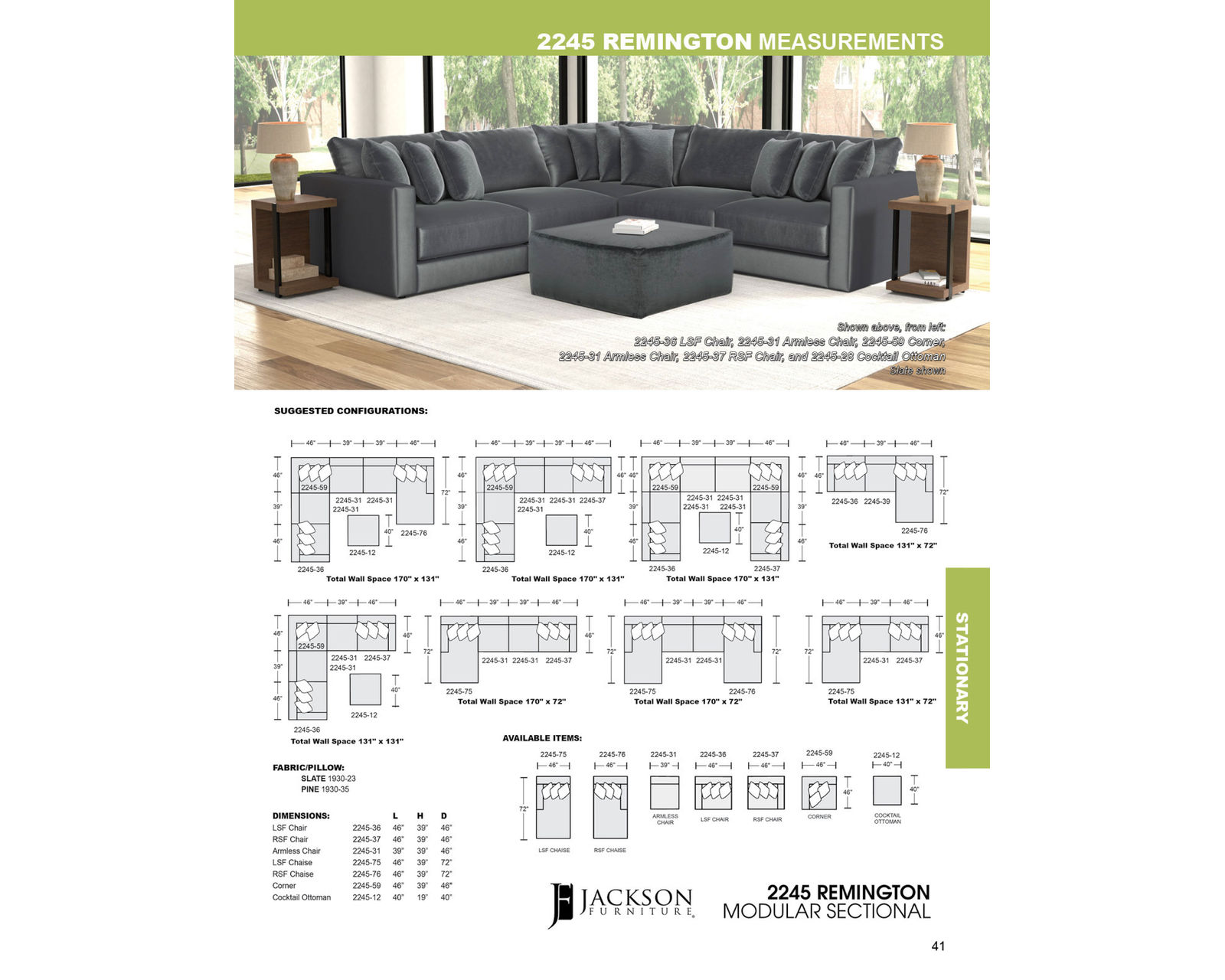Remington 2245 Stationary Sectional (Includes Pillows) extra wide - Choice of 2 colors