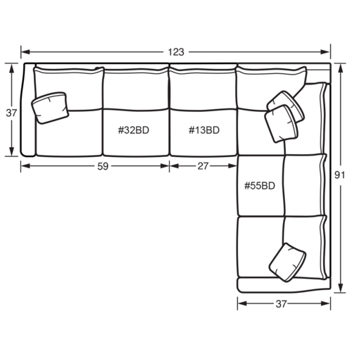 Layout E: Three Piece Sectional 123" x 91"