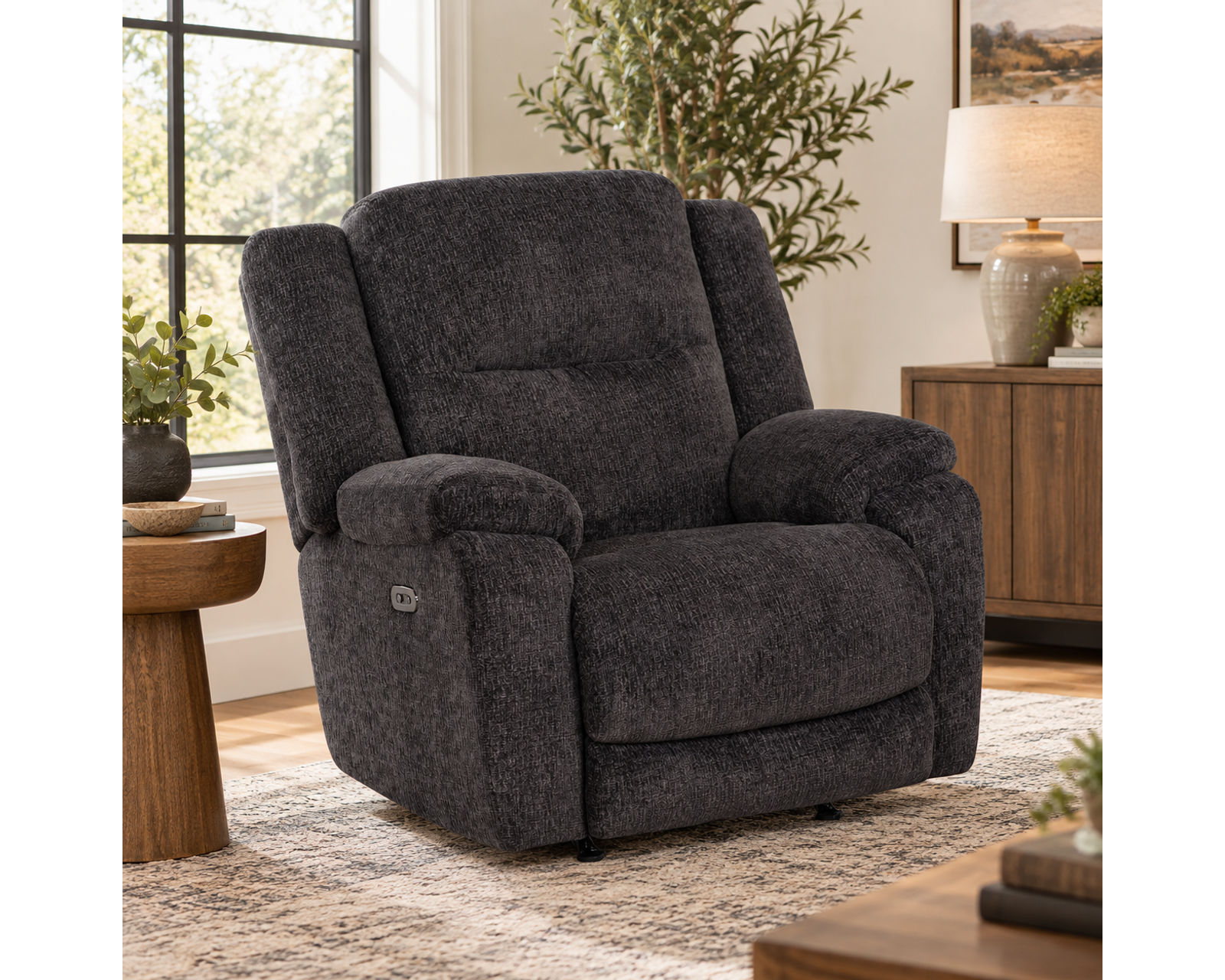 Heston 90" Reclining Sofa with Drop-Down Table & Cupholders Graphite  (Plush Comfort. Smart Convenience. Designed Around the Way You Relax) - Shown in Durable Polyester Color Graphite