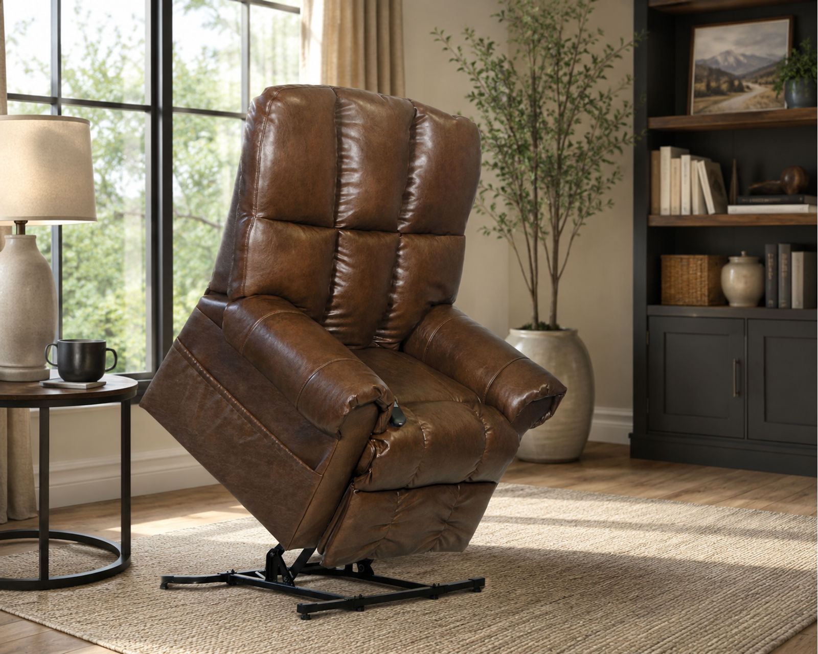 Stallworth Big Man’s Heavy-Duty Power Lift Full Lay-Out Chaise Recliner 450 Pounds Rated (2 colors) - Shown In Leather Like Fabric Chestnut