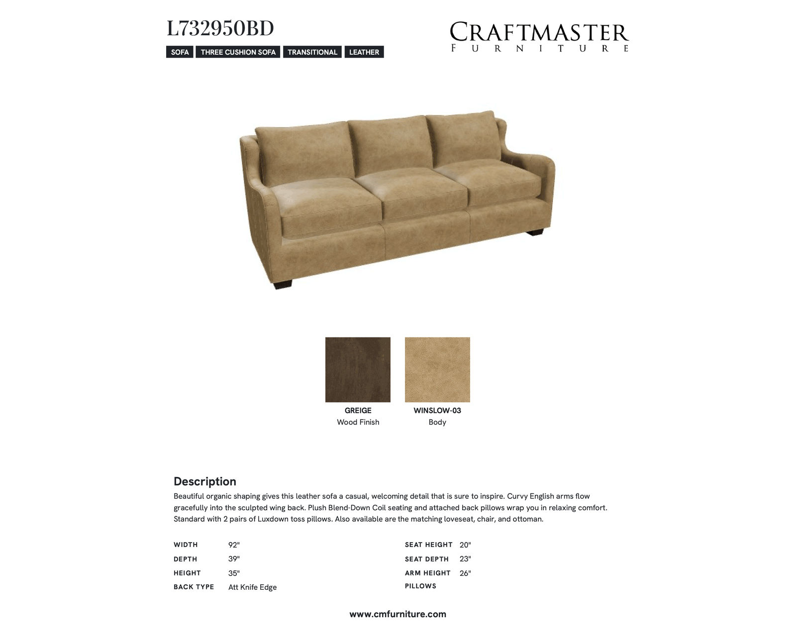 Donovan L7329 Leather Sofa (92") +40 leathers - +40 premium top-grain leathers