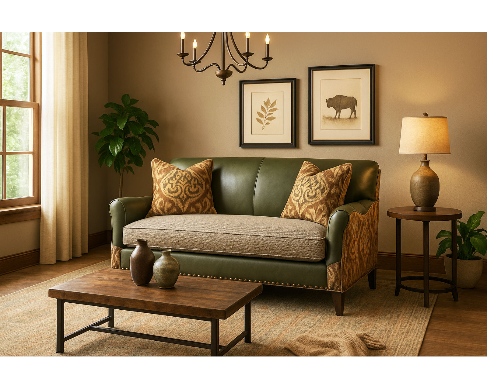 Zayden LF0503 Leather and Fabric Settee - Top Grain Leather with Performance Fabric