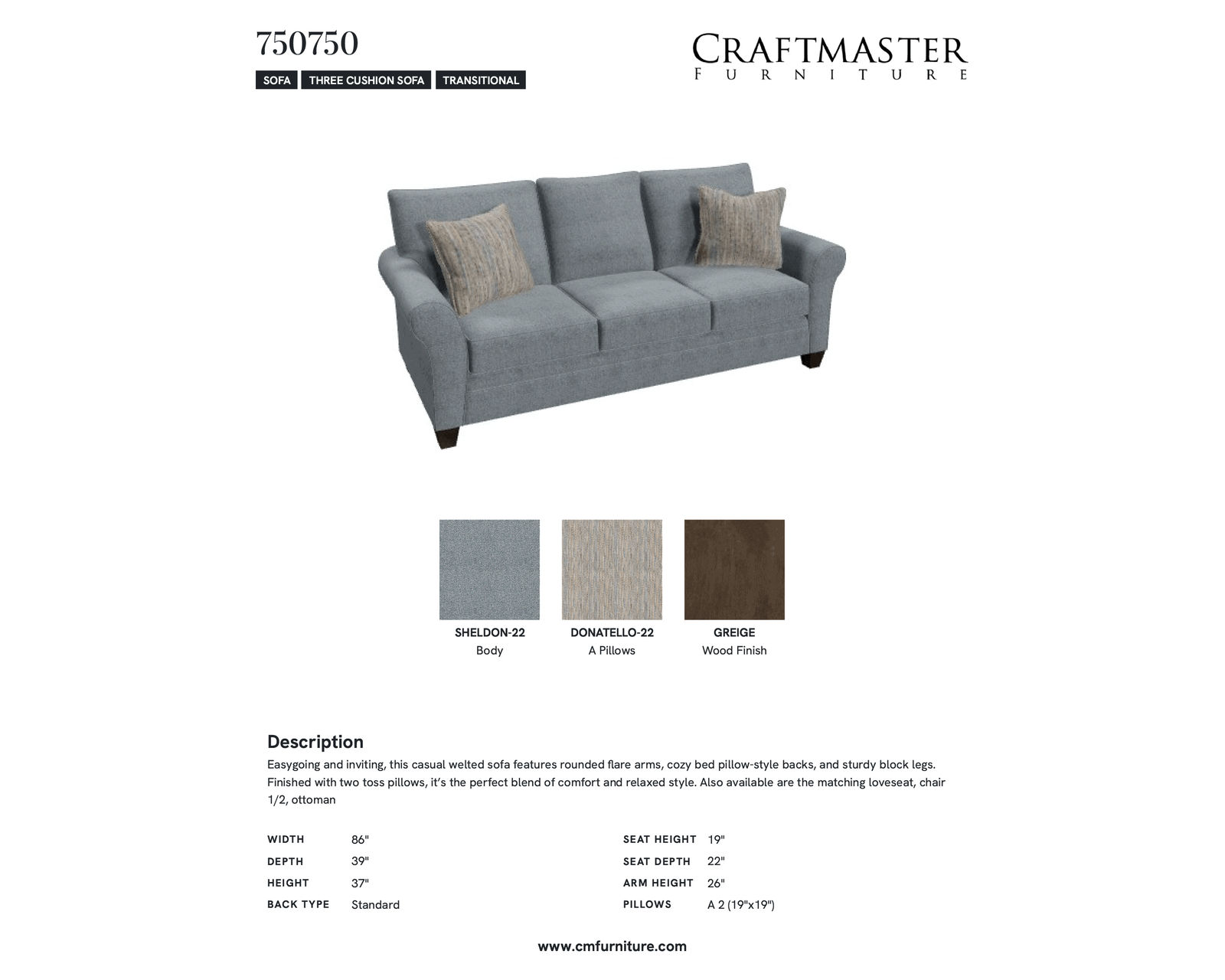 Sheldon 7507 Sofa (86") +100 performance fabrics - Specifications