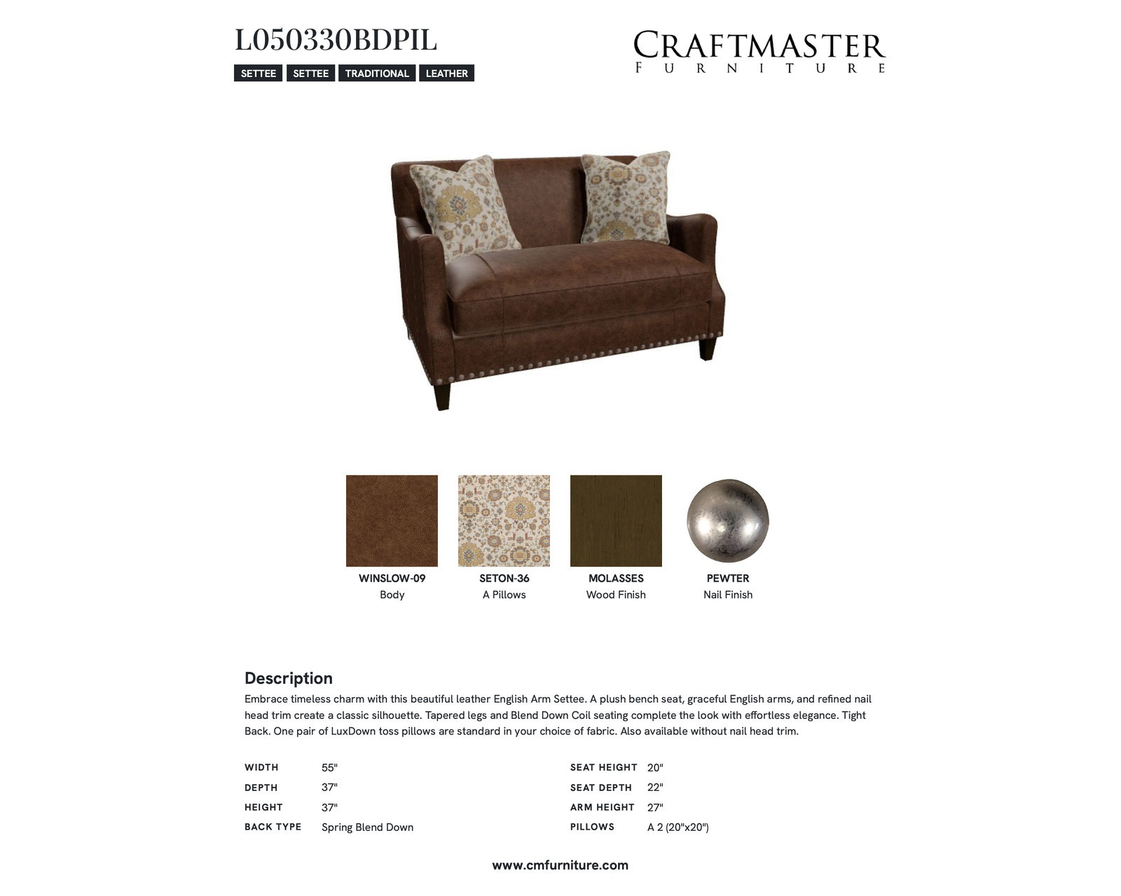 Cotswold L0503 Leather Settee (+40 leathers) - Specifications