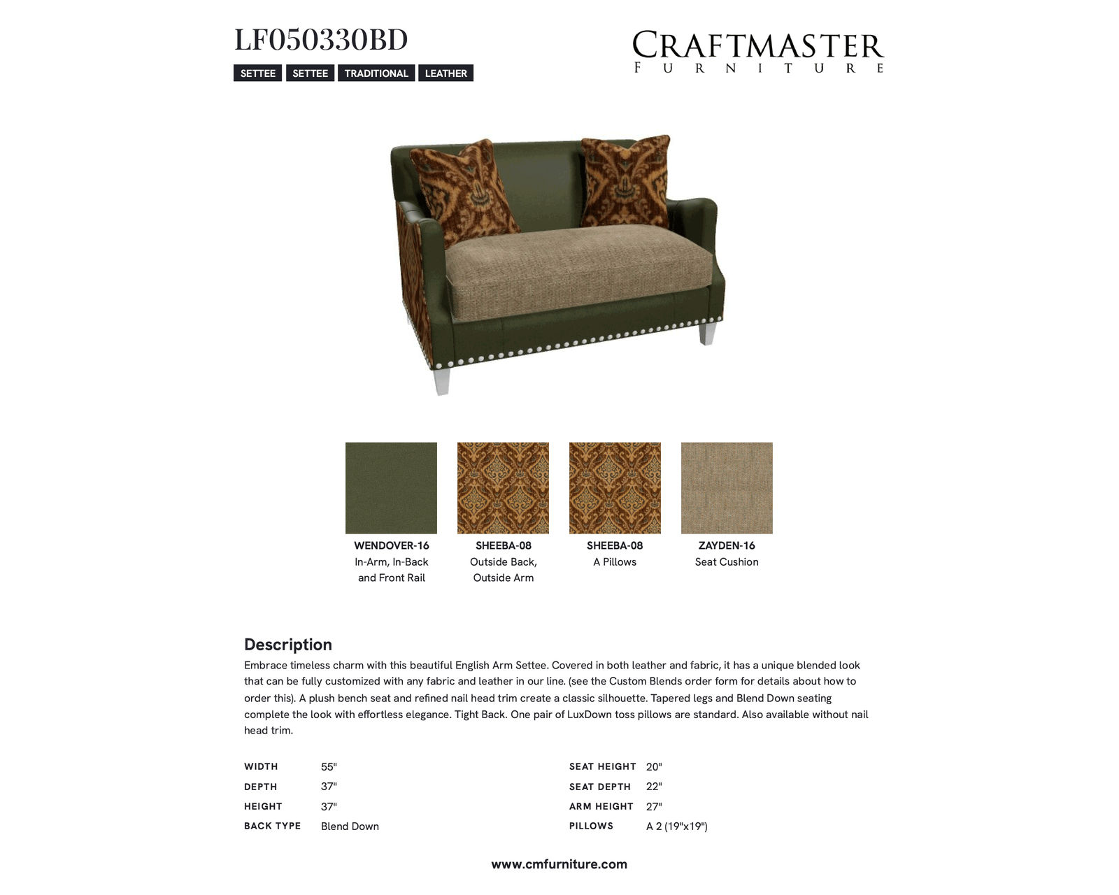 Zayden LF0503 Leather and Fabric Settee - Specifications