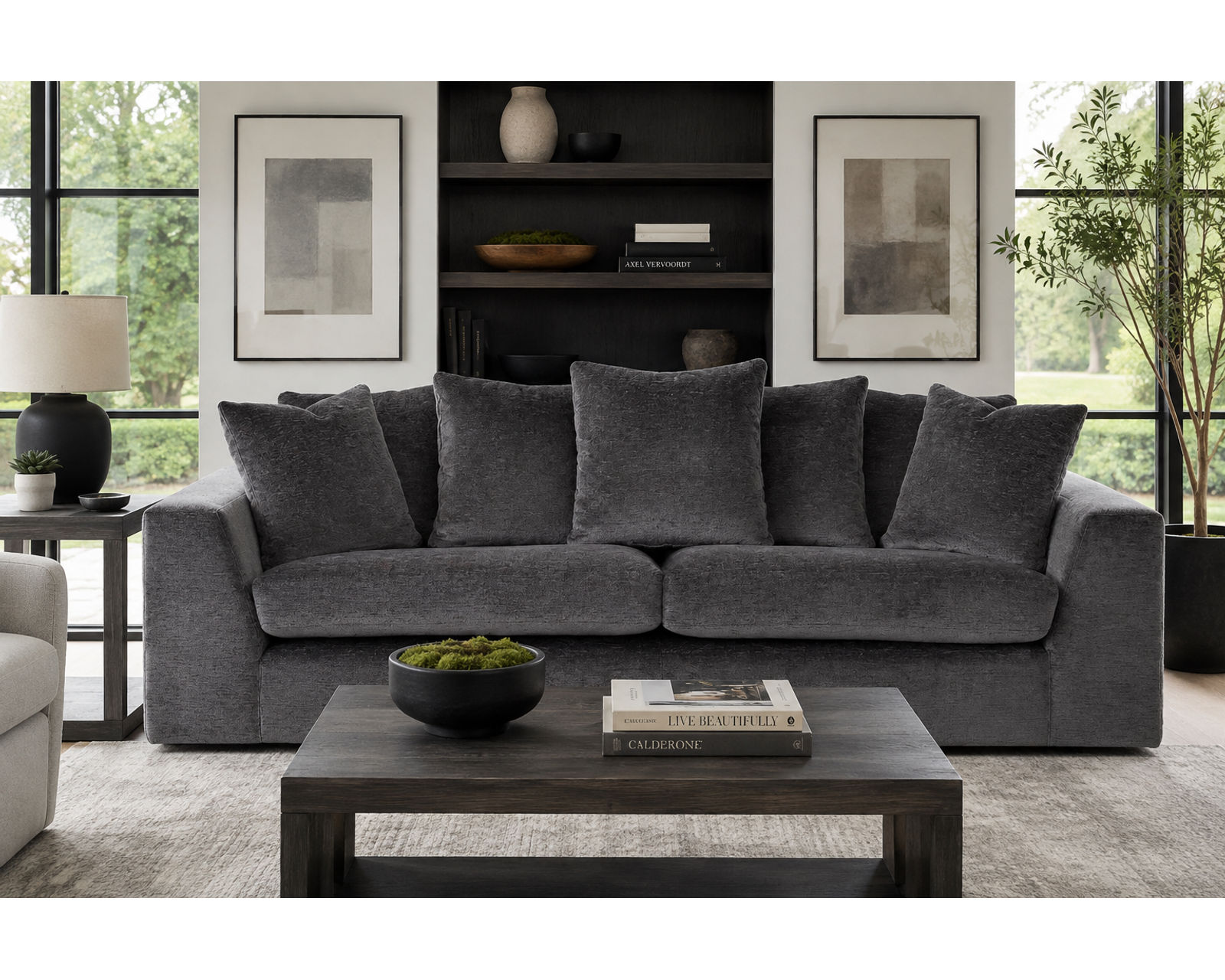 Haswell 99" Pillow Back Sofa (Sink-In Comfort. Modern Style. Made to Relax) - Shown in Durable Polyester Color Charcoal