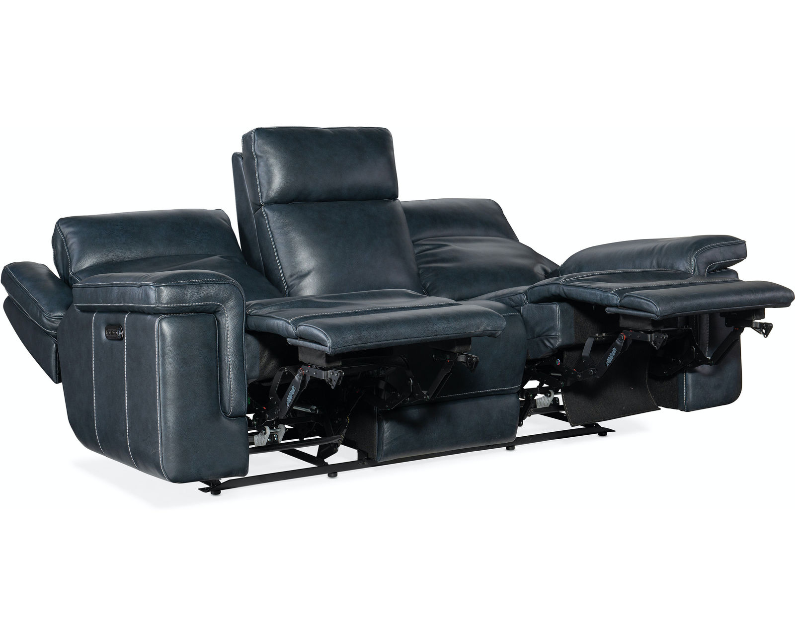 Montel Lay Flat Leather Power Sofa with Power Headrest & Lumbar (Cobalt) In stock - Tailoring details include a bustle-style back and decorative top stitching.