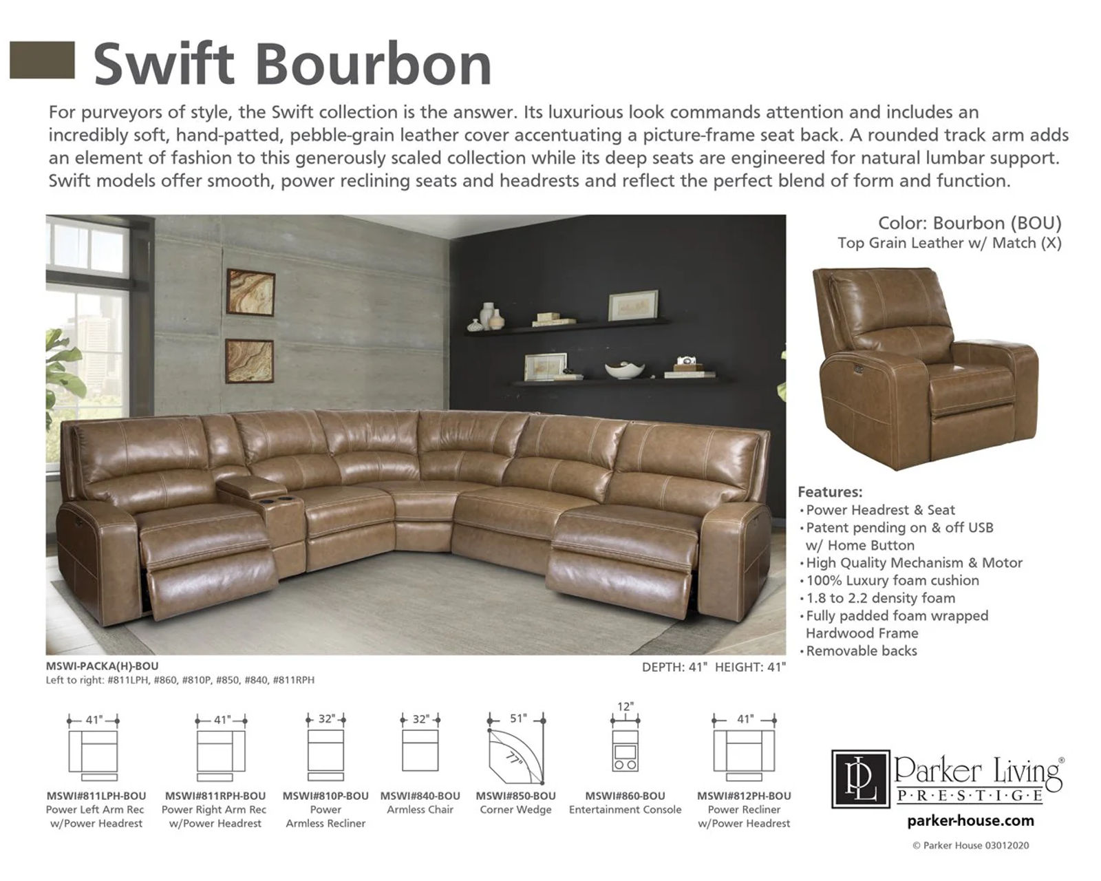 Swift Power Headrest Power Reclining Sectional Bourbon Leather  (In stock - Fast shipping)