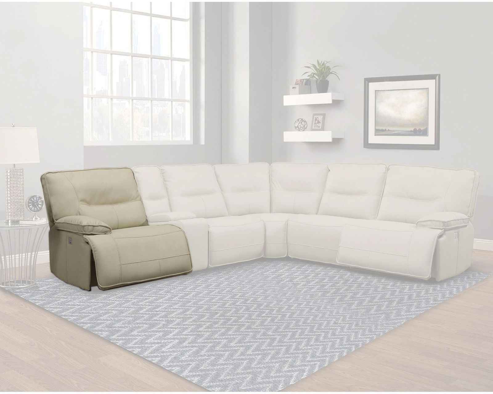 Spartacus Power Headrest Power Reclining Sectional Oyster (Leather like fabric) In stock - Fast shipping - Left Arm Facing Power Recliner with Power Headrest