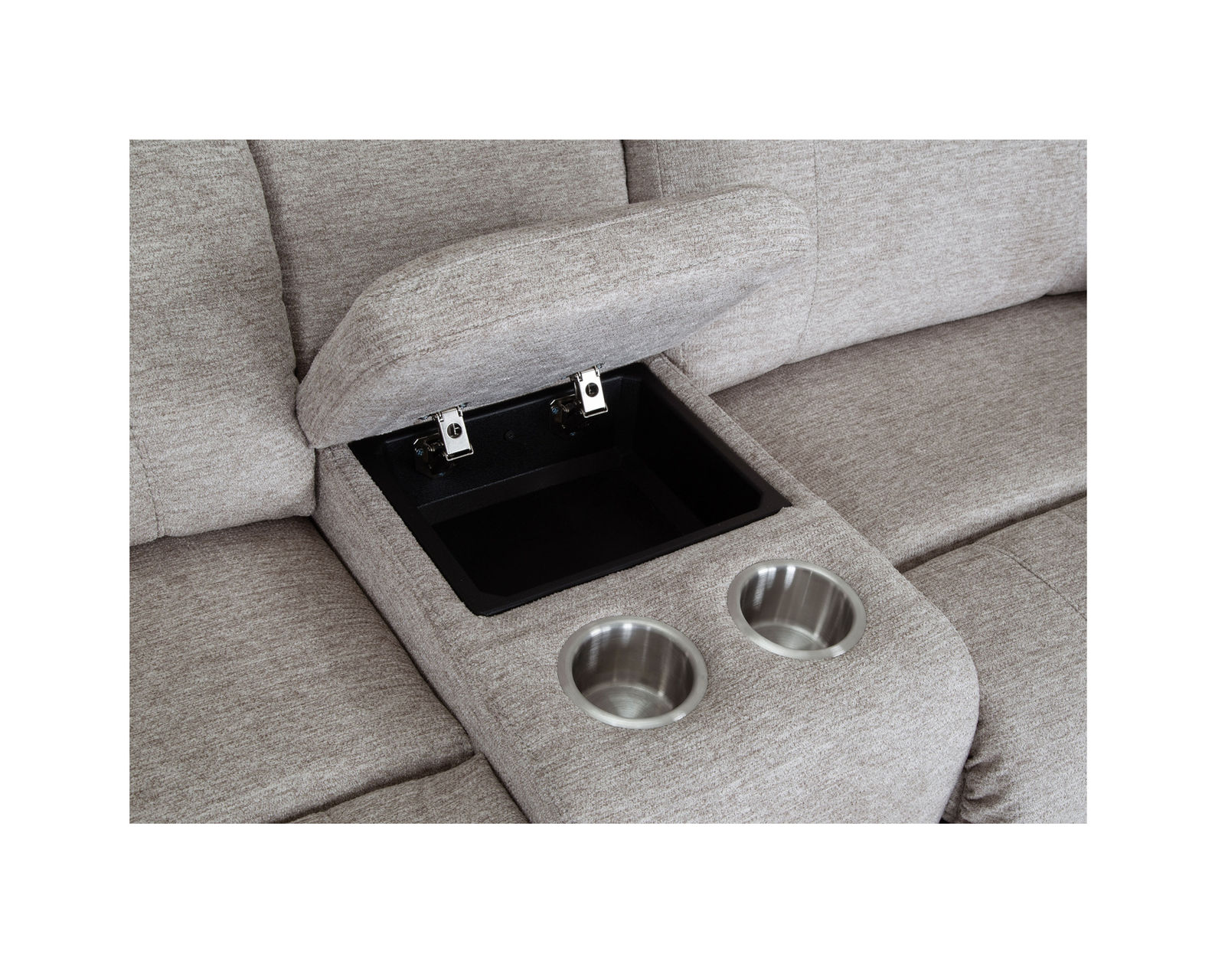 Broderick Two Tone 90" Power Reclining Sofa  - Center console with storage and metal cupholders