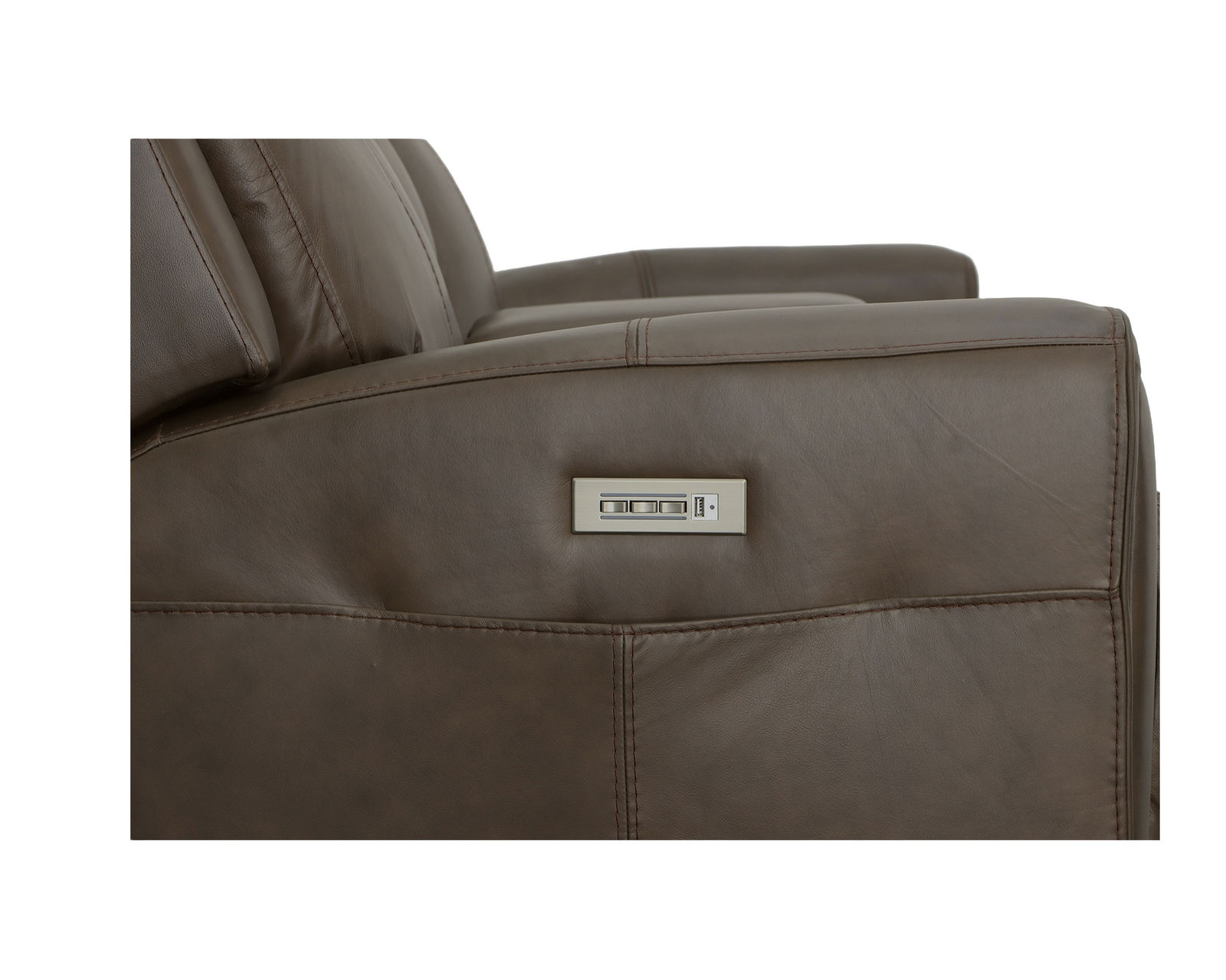 Barnett Power Reclining Sofa with Power Headrests and Lumbar (Chocolate leather) 87" - in stock - Three idependent buttons control power recline - power headrest and power lumbar with USB charging