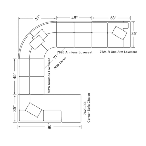 Layout M - Four Piece Sectional (Corner Sofa Chaise Left Side) 131" x 149"