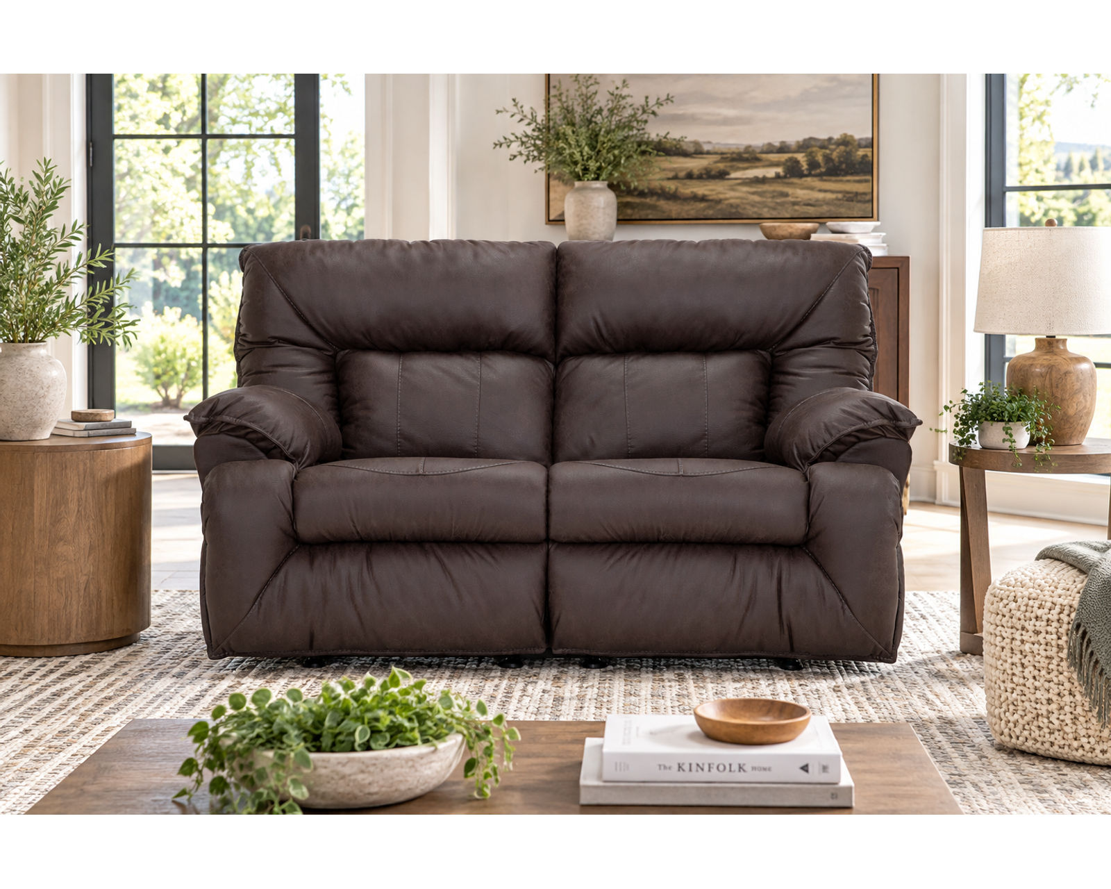Henson 91" Reclining Sofa with Drop-Down Center Table (Casual Comfort. Everyday Convenience. Built for Real Life) - Shown in Durable Leather Like Fabric Color Shadow
