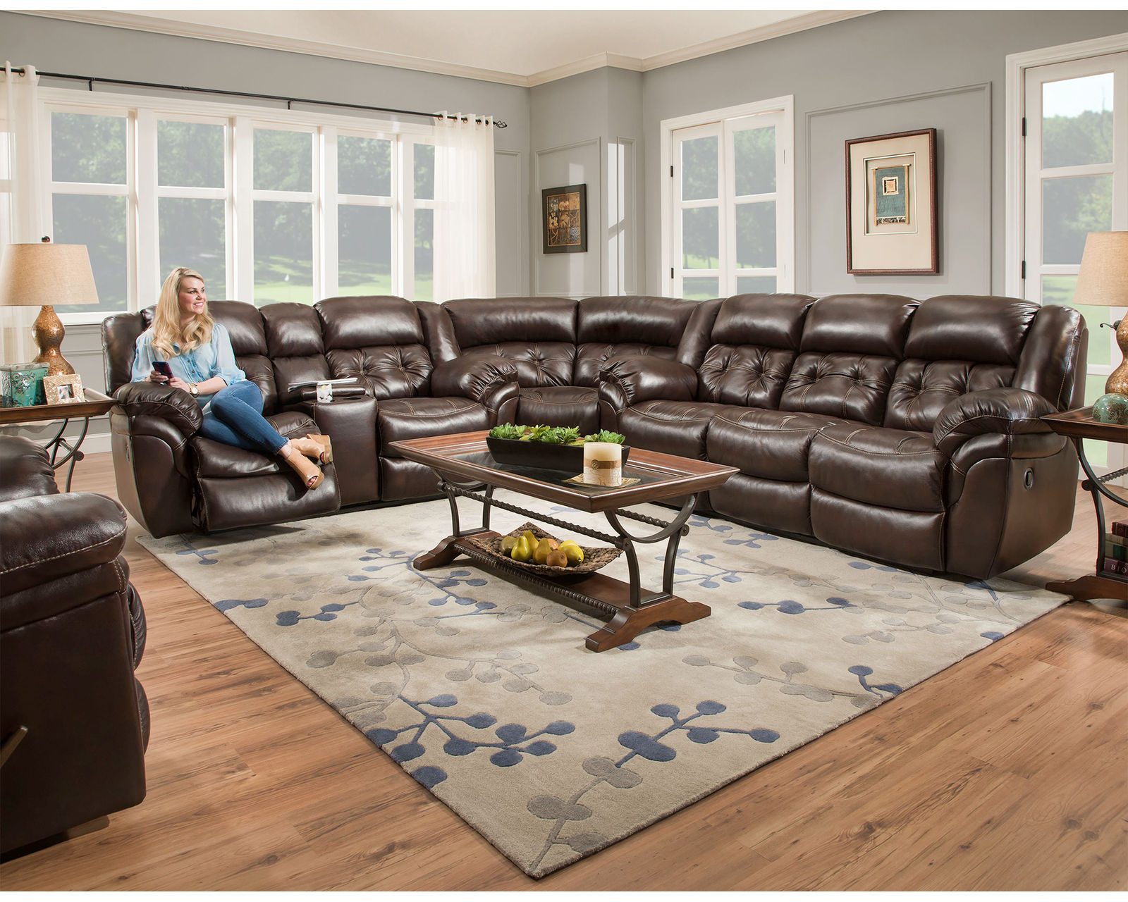 Denver Three Piece Reclining Sectional Chocolate (In stock) - Storage Console with Metal Cupholders