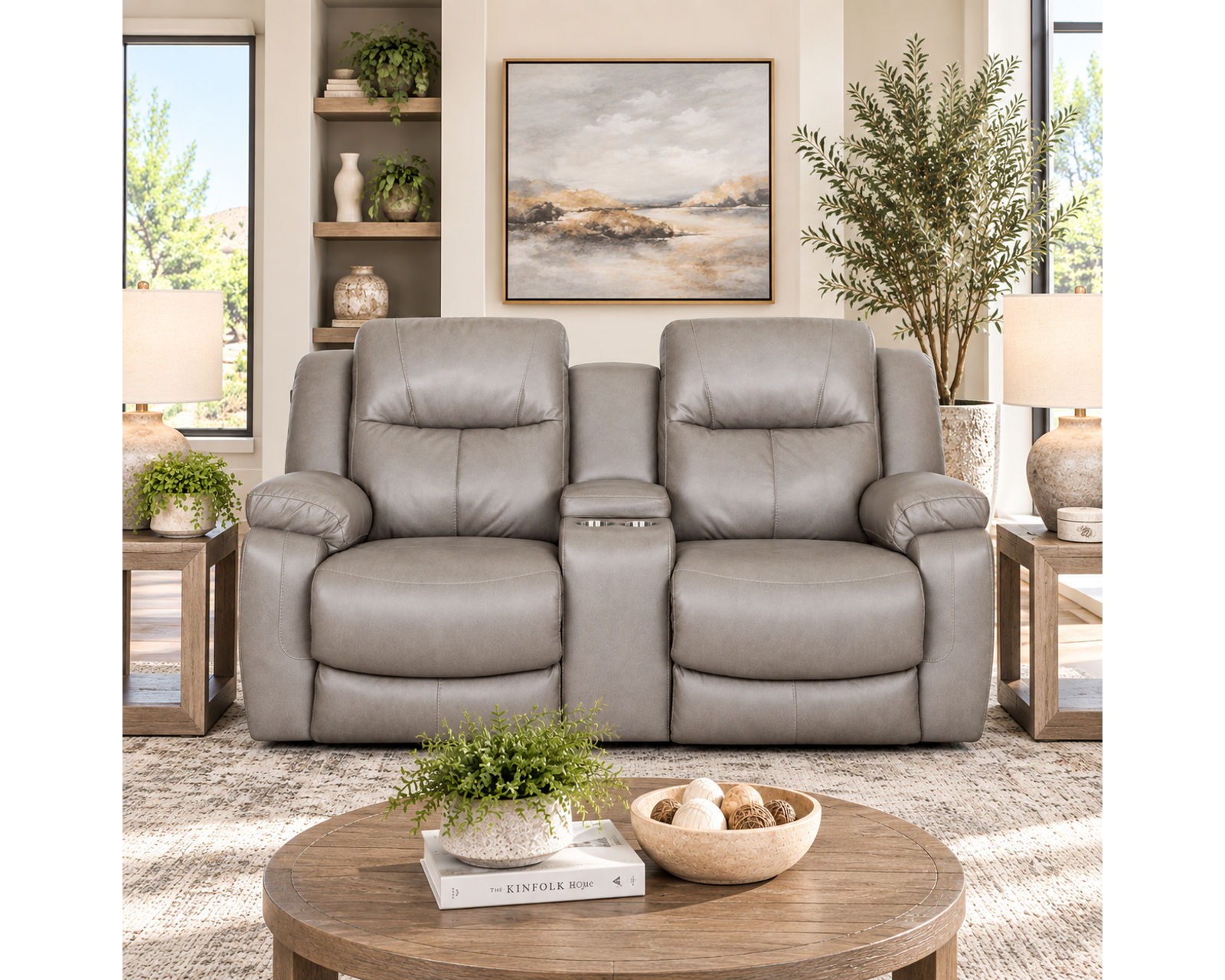 Culver 90" Reclining Sofa with Drop-Down Table & Cupholders Sterling (Leather-Look Style. Plush Comfort. Designed Around the Way You Relax) - Shown in Durable Leather Like Fabric Color Sterling