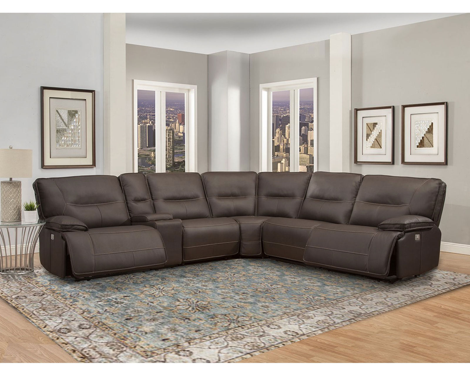 Spartacus Power Headrest Power Reclining Sectional Chocolate (Leather like fabric) In stock - Fast shipping - Layout B:  Six Piece Reclining Sectional 133" x 120"