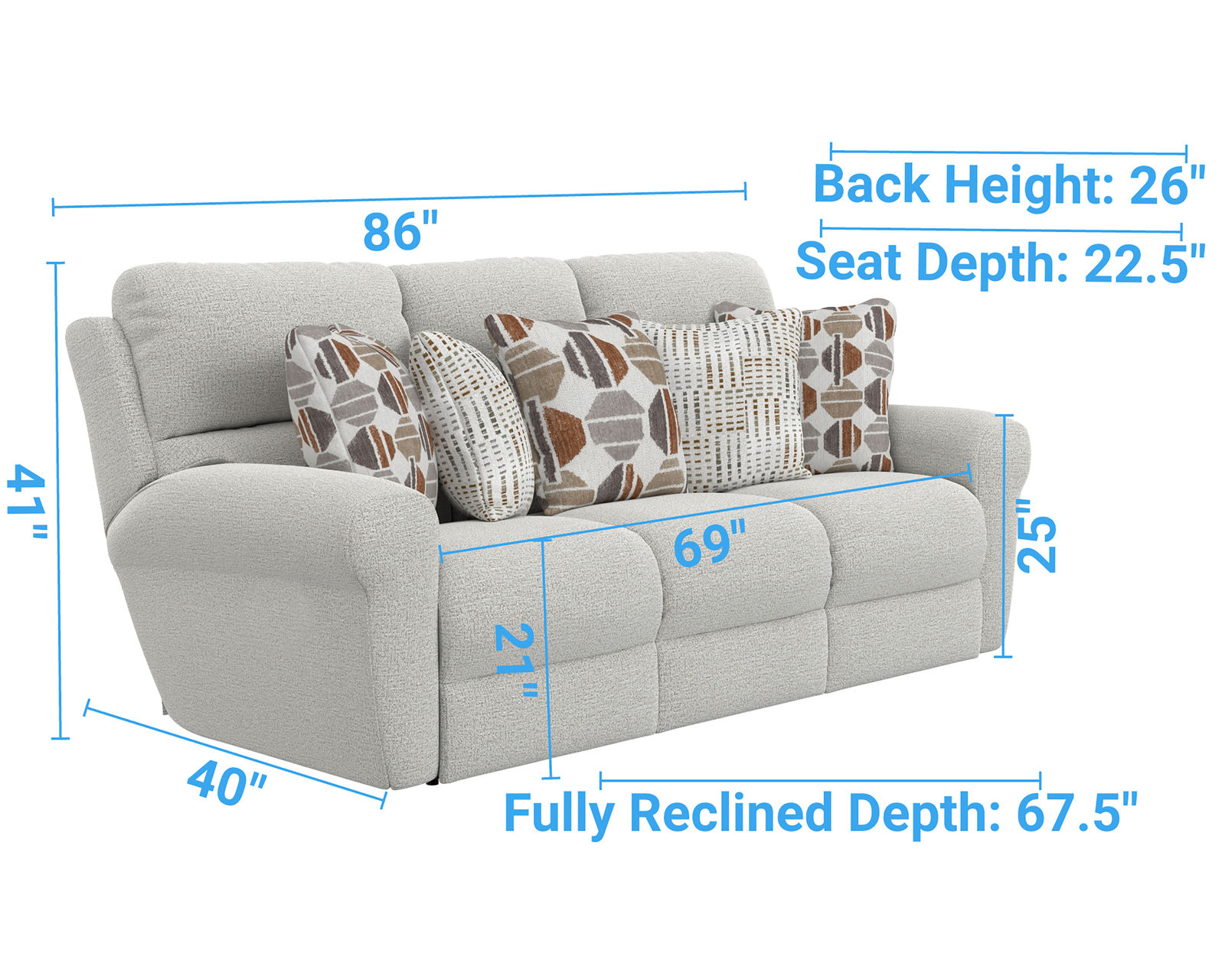 Kellen 113 Ecru Reclining Sofa - 86" (+2 colors) includes pillows - Kellen 86" Lay Flat Reclining Sofa