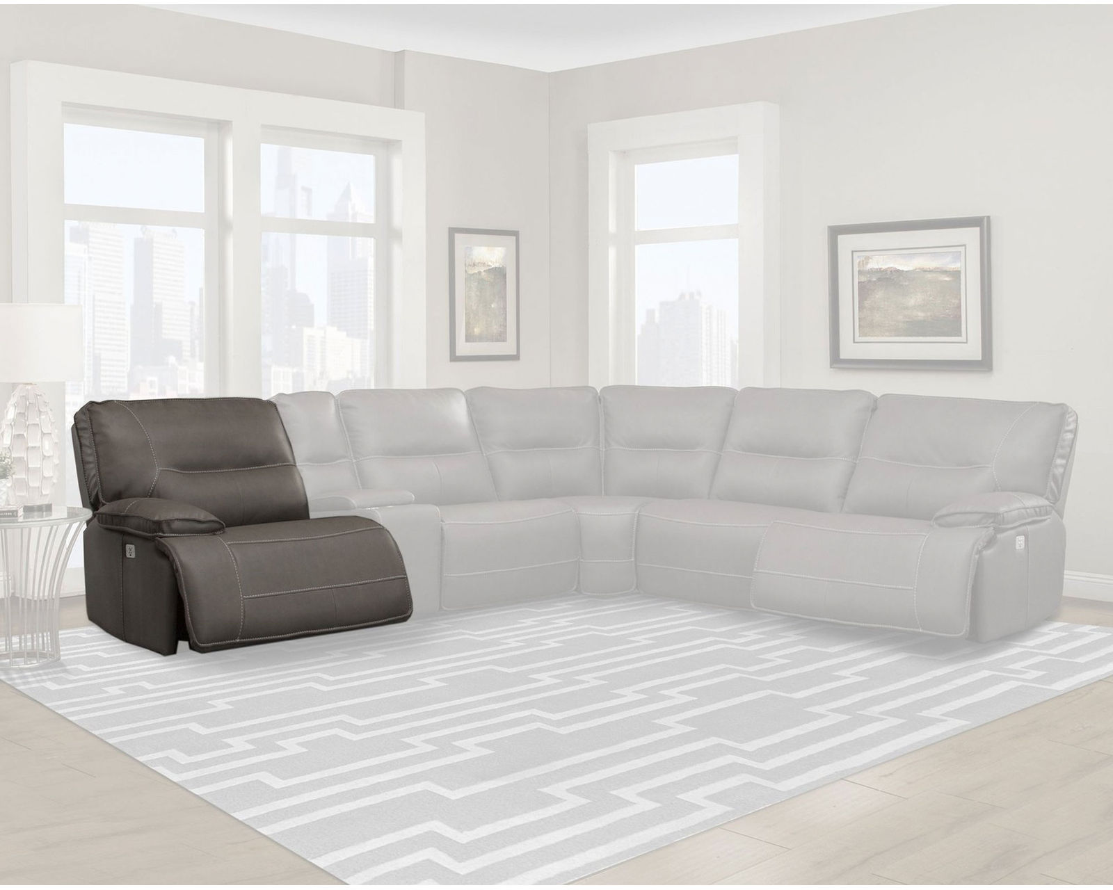 Spartacus Power Headrest Power Reclining Sectional Haze (Leather like fabric) In stock - Fast shipping - Left Facing Power Recliner with Power Headrest and Power Lumbar