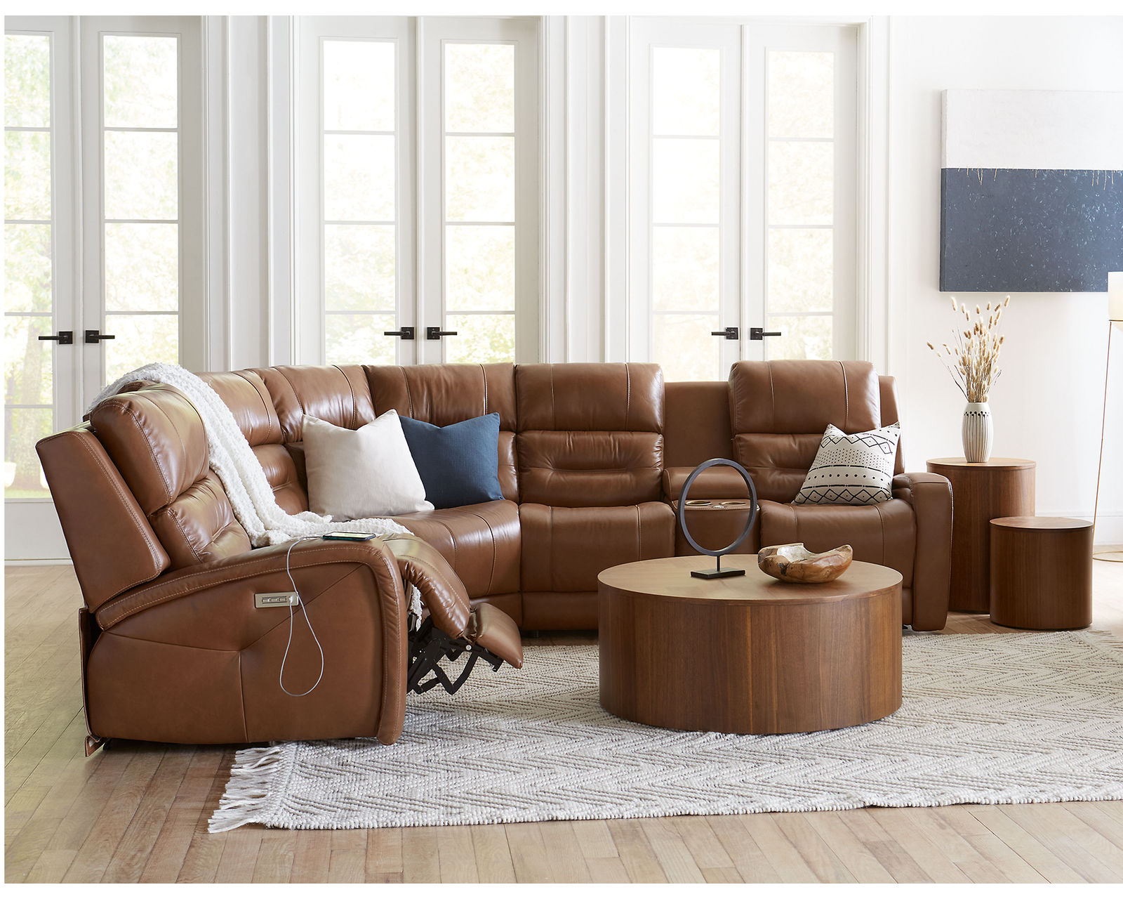 Washington 41067 Power Headrest Power Reclining Sectional (+50 fabrics) - Sectional Layout E: - Shown in leather Bronco Ginger